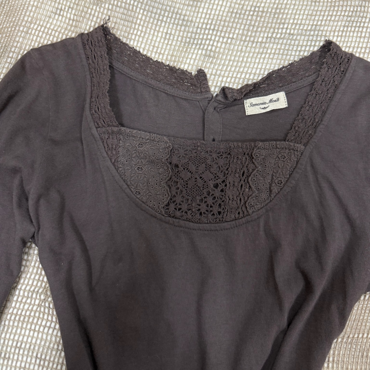 Square Neck Lace Trim Long Sleeve Top