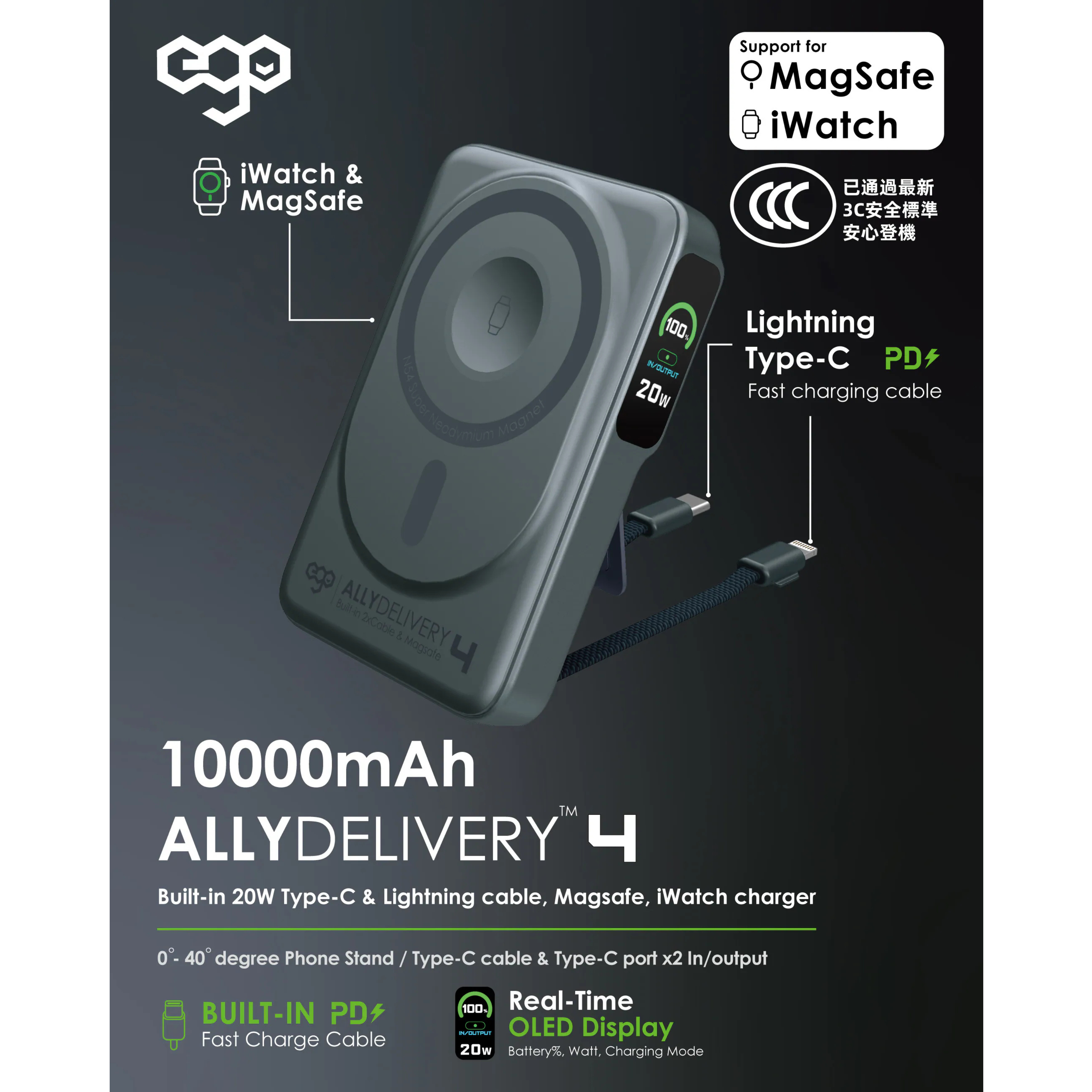 EGO AllyDelivery 4 @3C認證版.Magsafe 10000mAh 6in1 移動電源