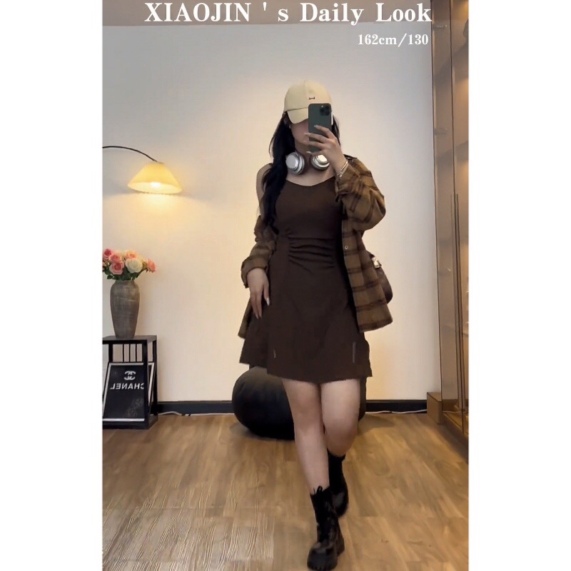 B238(6829+6828) 美式复古褶皱腰显瘦黑咖吊带裙与咖格纹衬衫两件套连身裙 