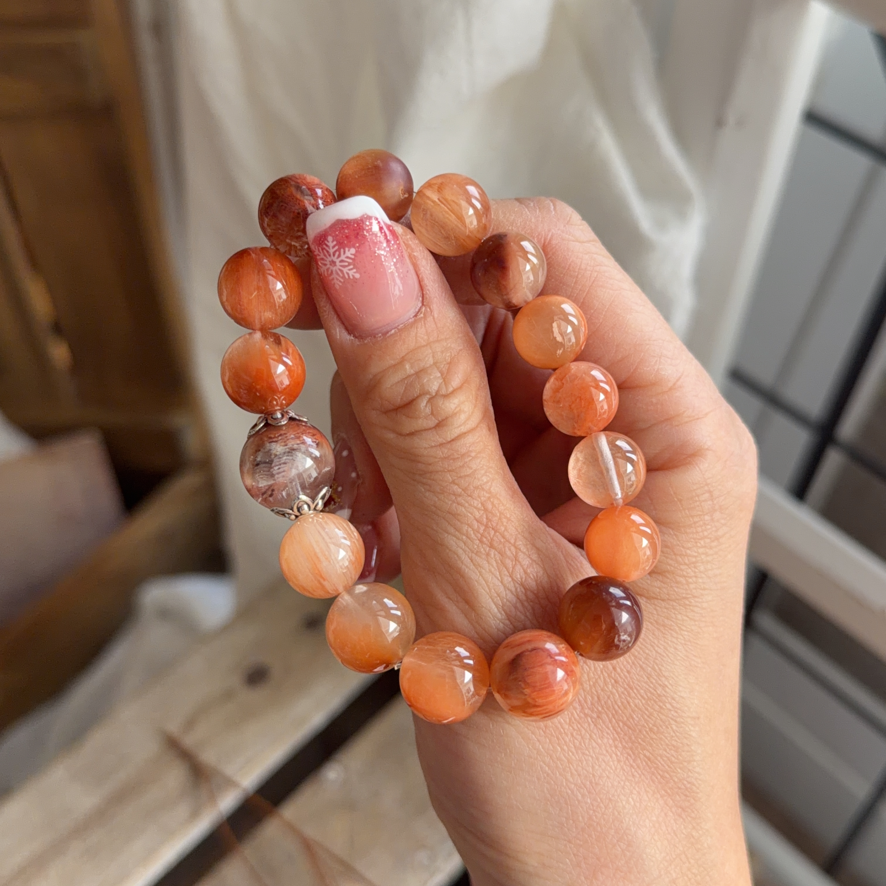 粉橙兔毛&千層幽靈手串