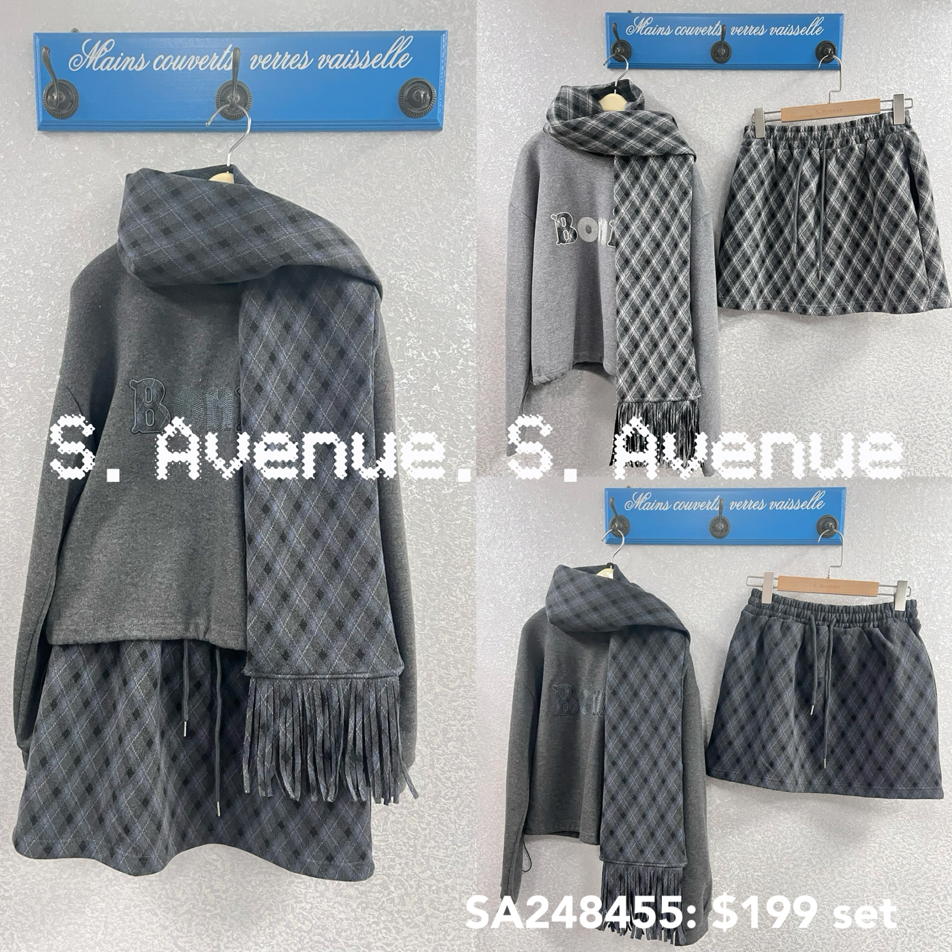 SA248445: 長袖英文字下束腰top配橡根腰格仔裙