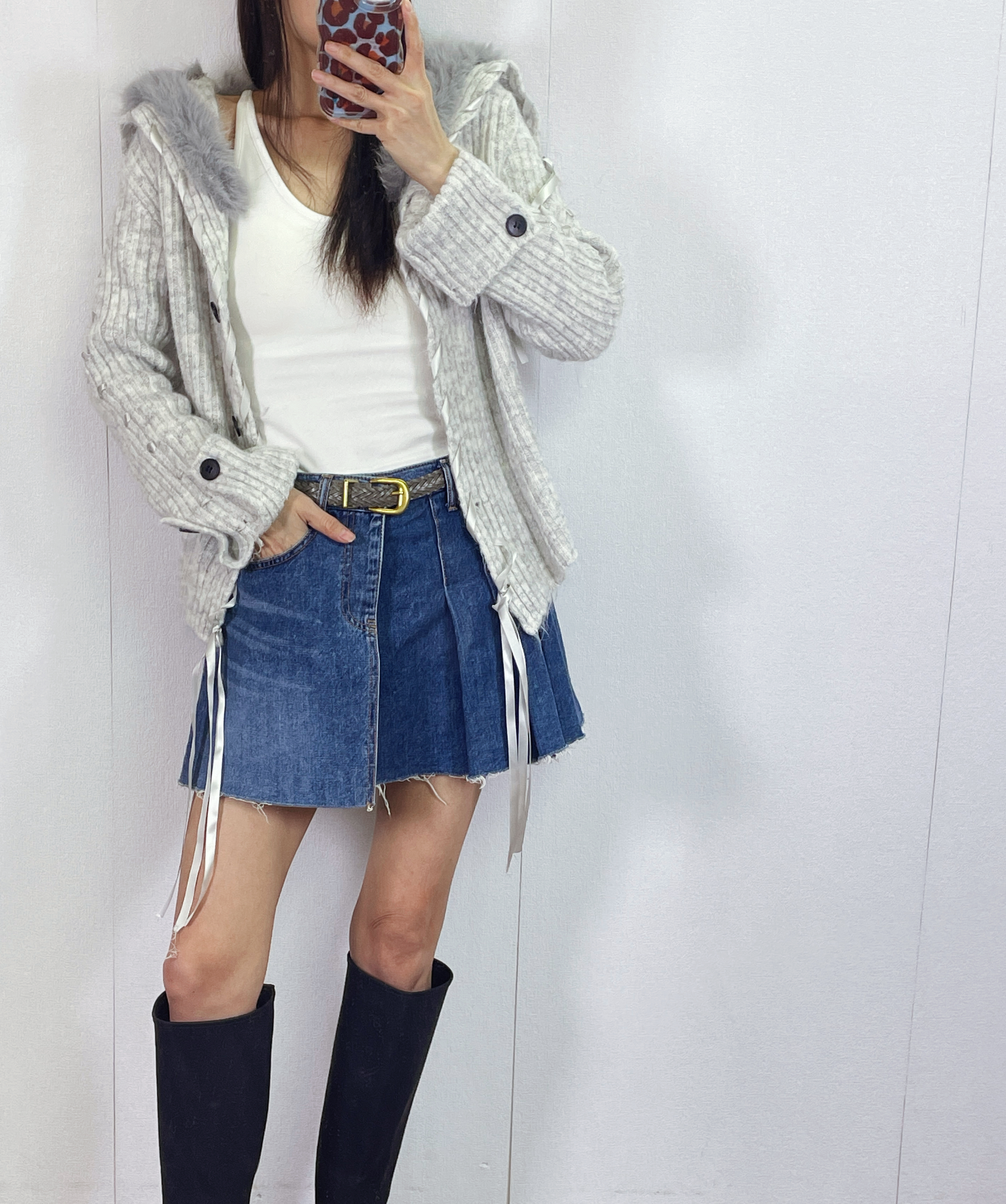 K5531 毛毛領拼絲帶針織外套