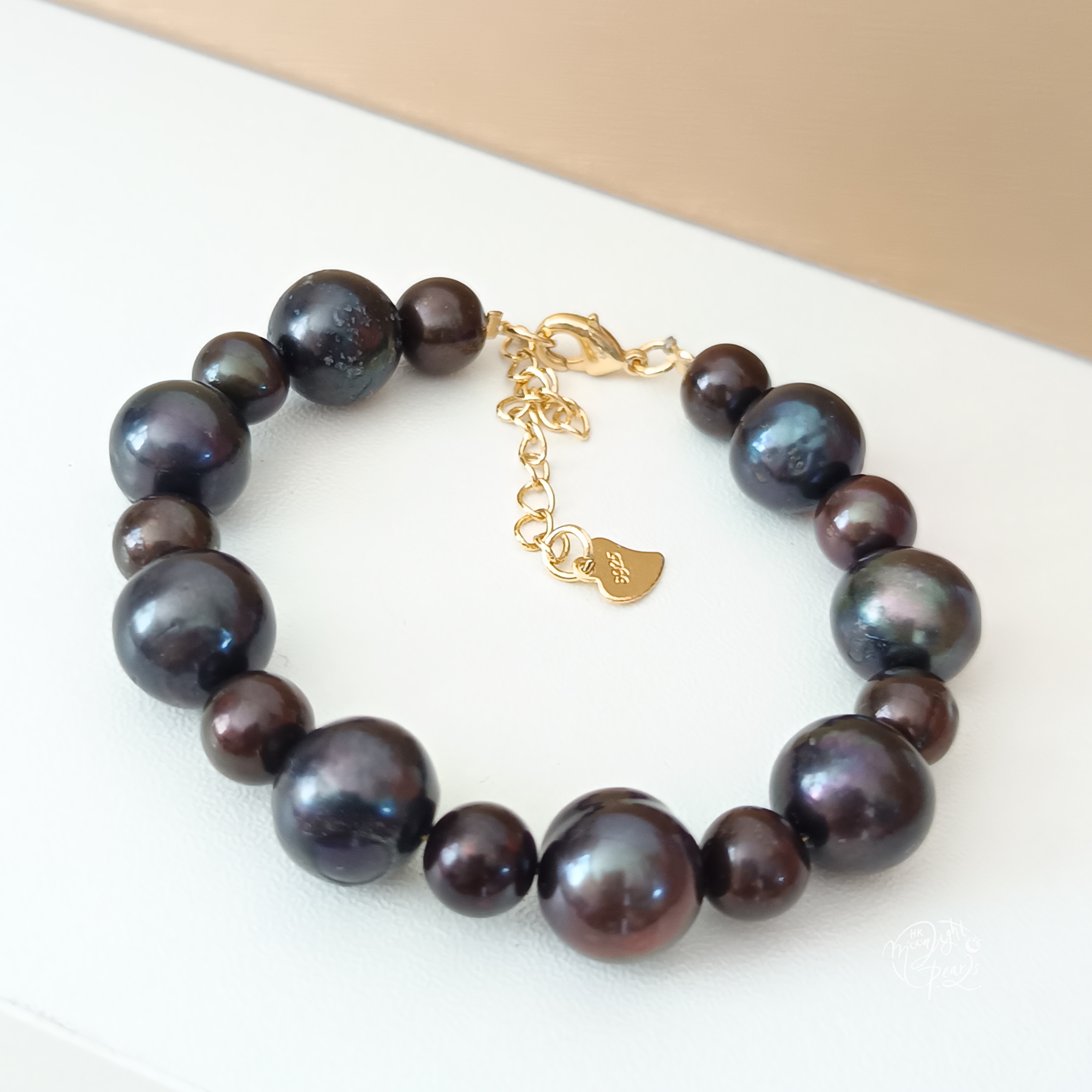 特價品‼️近正圓強光淡水優化黑+啡色珍珠注金尾鍊扣手鍊