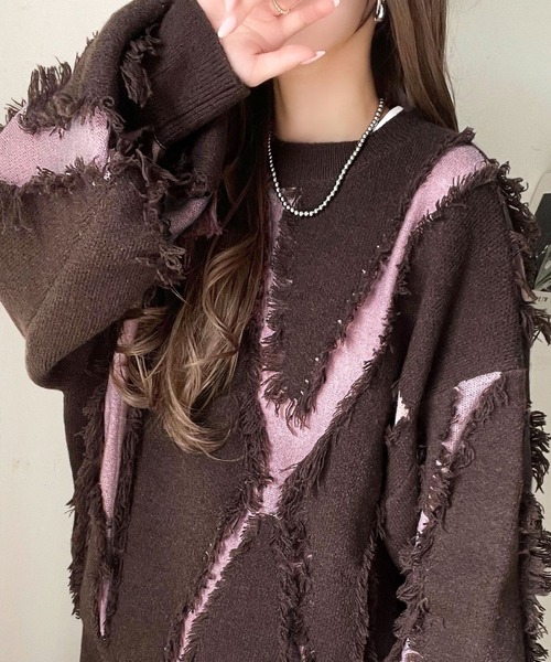 不規則流蘇拼色針織上衣【JT019】