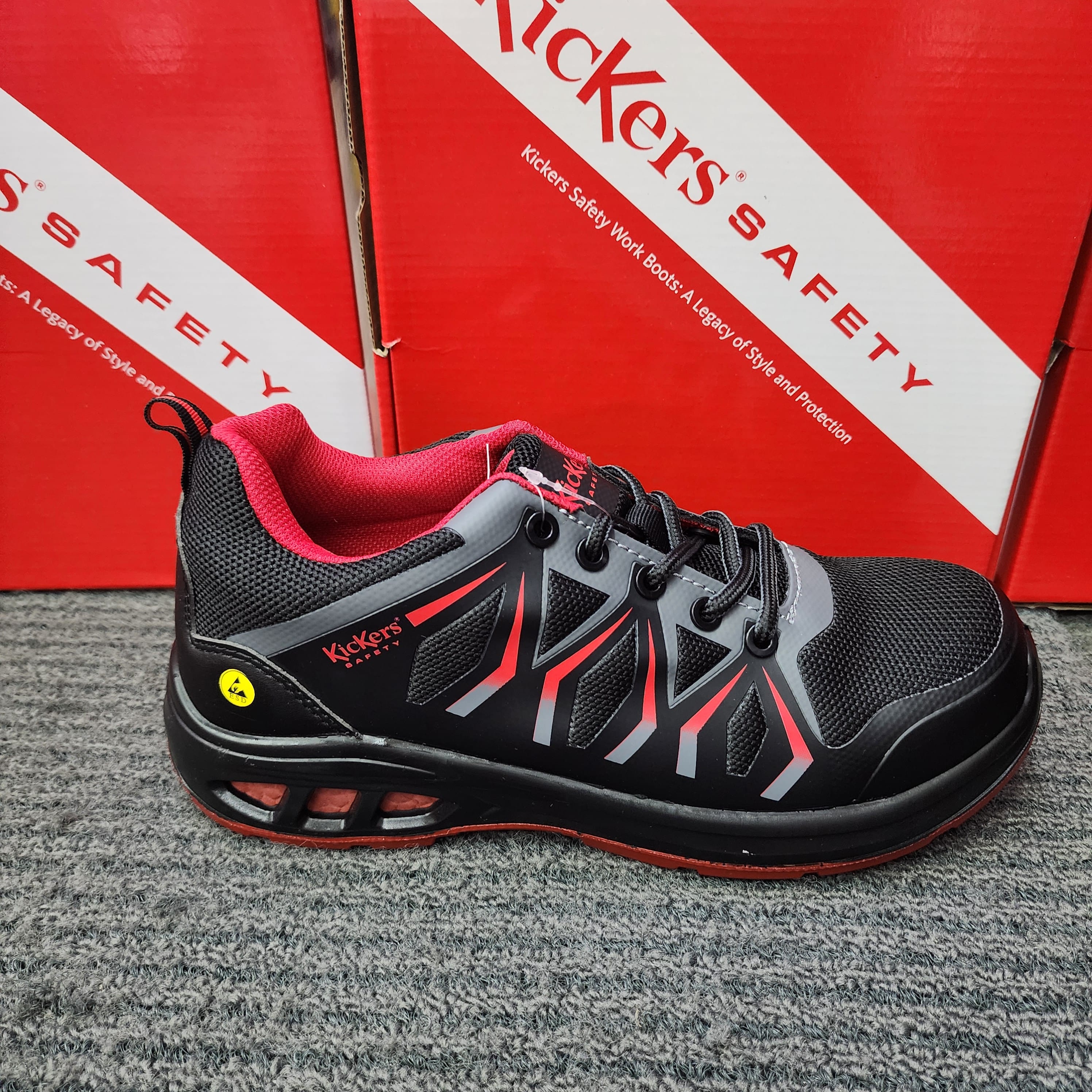KicKers 25011 Safety Low Cut Lace ESD Black Red Grey Safety Shoes Kasut Keselamatan