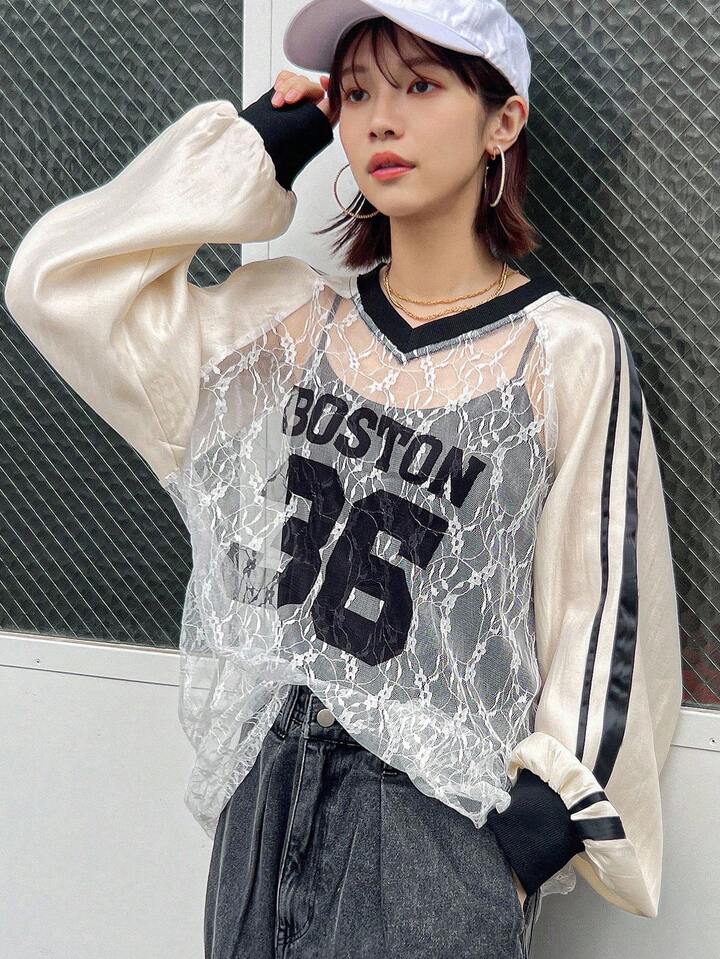 復古運動風數字印花薄紗上衣