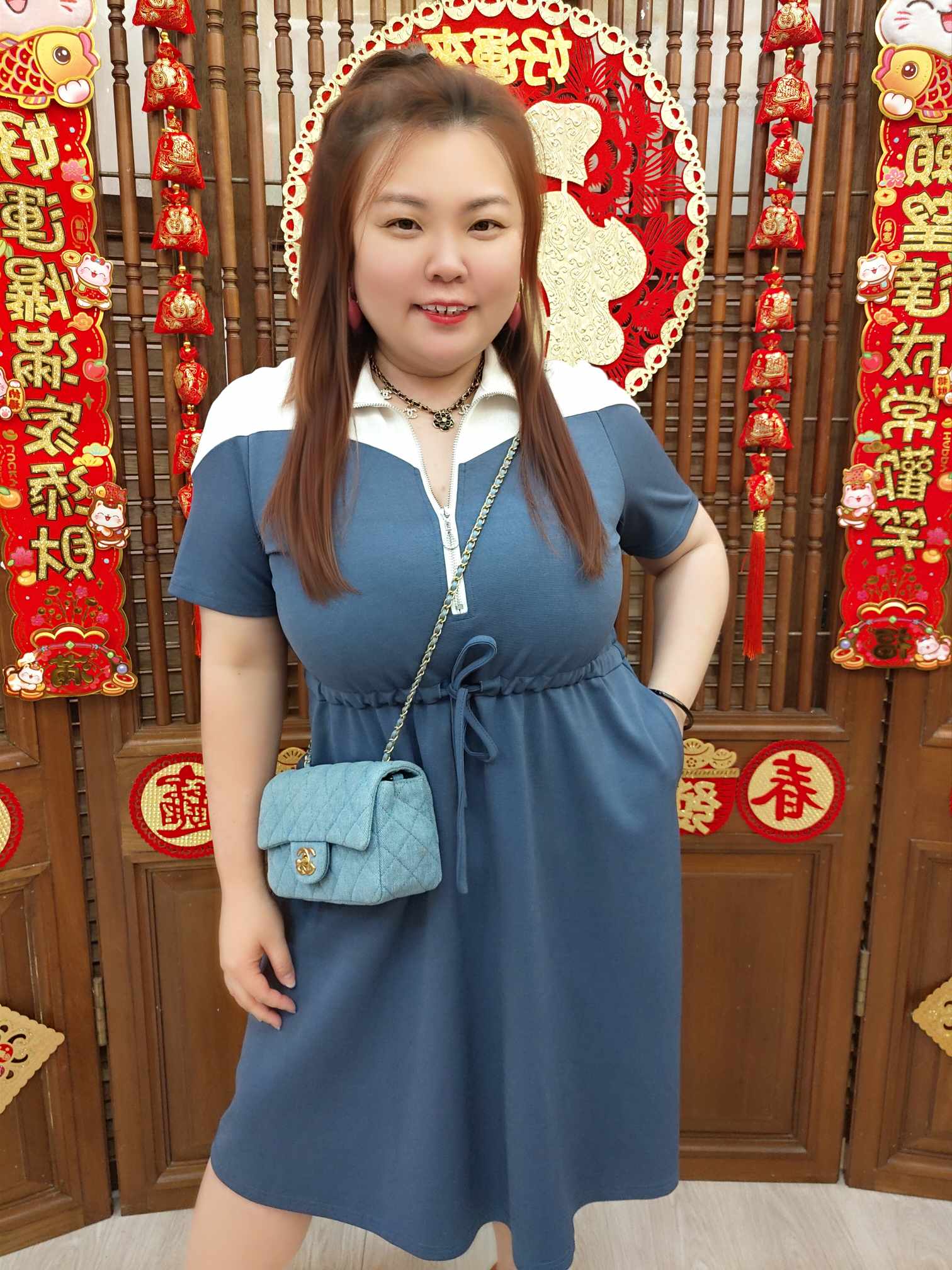 DBB03 CL181507 拼色拉链束腰连衣裙