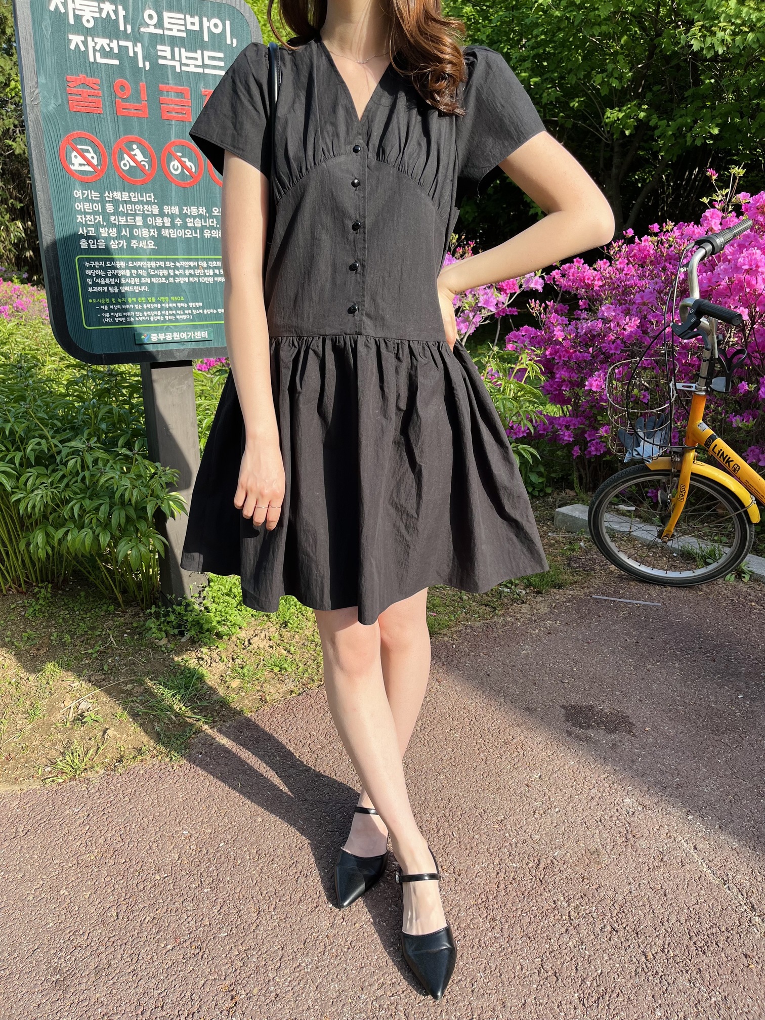 Airy Button Front Long Dress (Black)