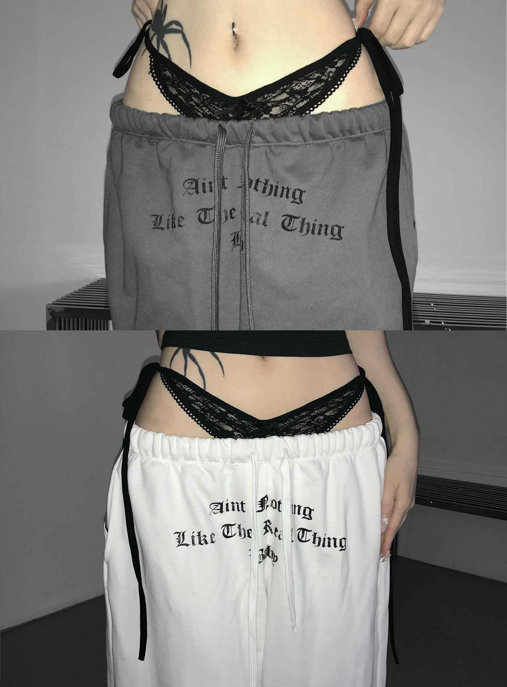 Layered Lace Waist Graphic Wide Leg Pants