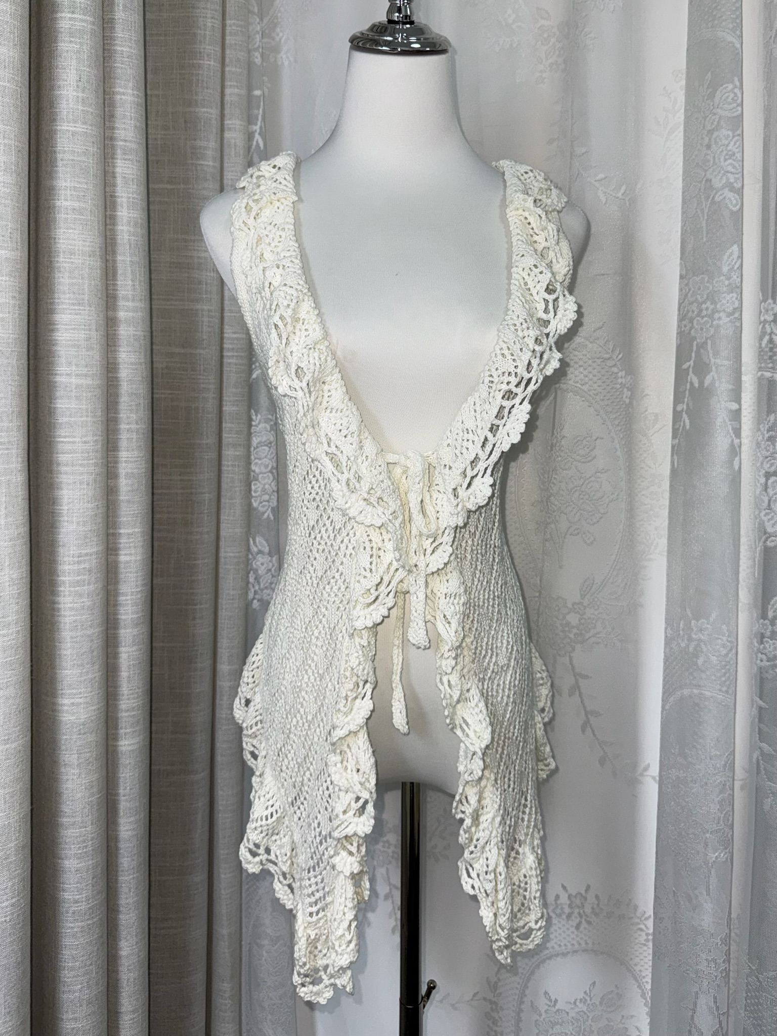 Boho Crochet Lace Ruffle Tie-Front Vest