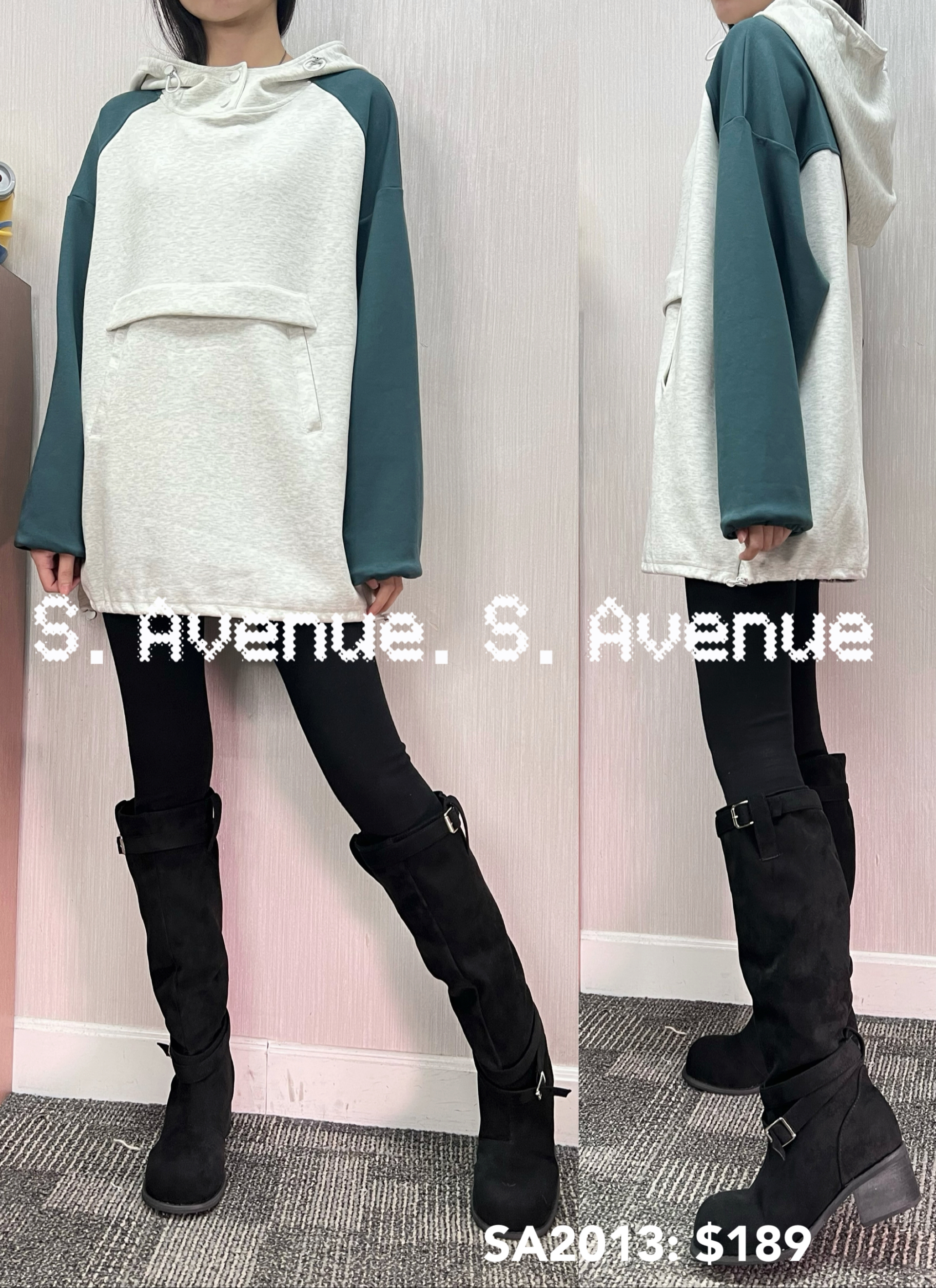 SA2013: 長袖有帽拼色前雙袋長tee