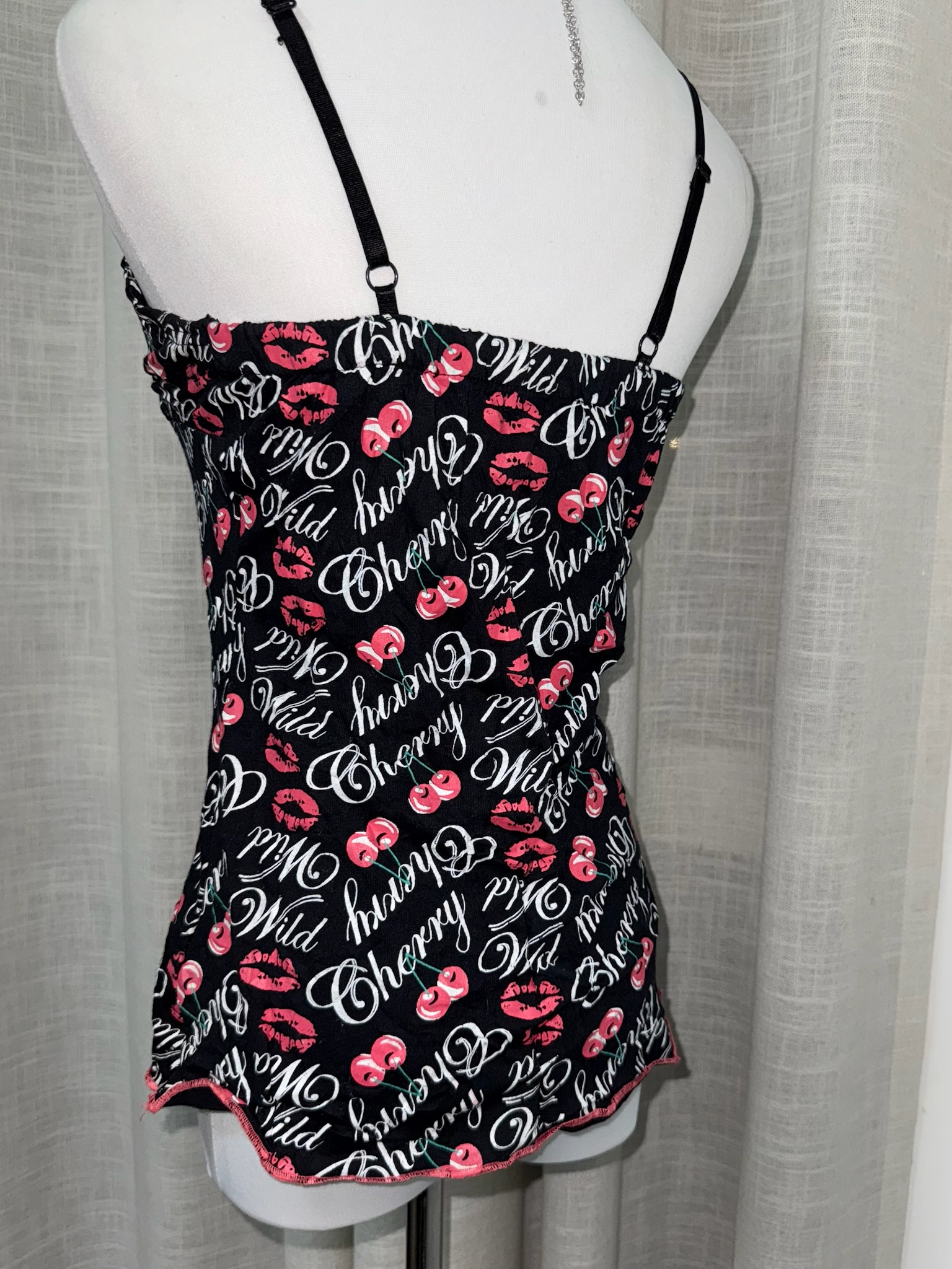 90s Cherry & Lip Print Cami with Contrast Teal Lace-up Front