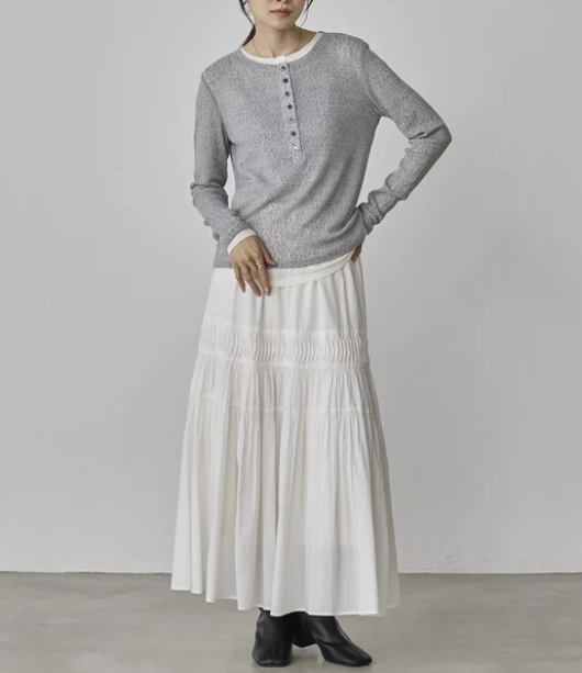 輕盈彈性網紗亨利領上衣 - 2026 流行穿搭  長䄂上衣 春夏時尚穿搭 獨特設計 成人休閒 日常穿搭 易於配搭 日本直送   #JP-I-260033