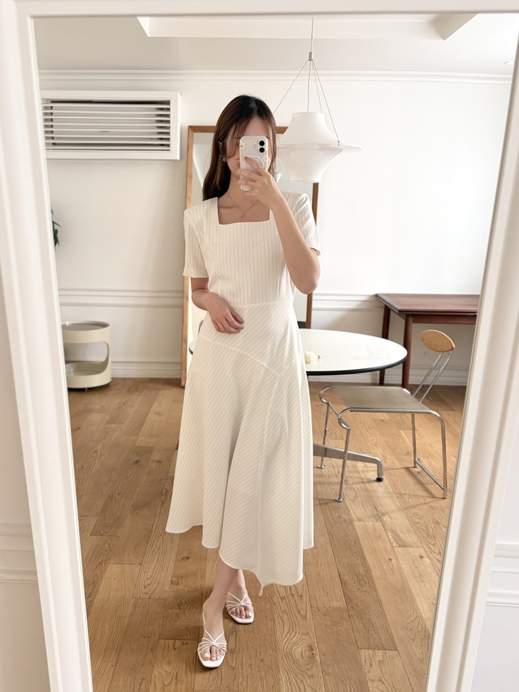 Asymmetric Striped Dress (Ivory)