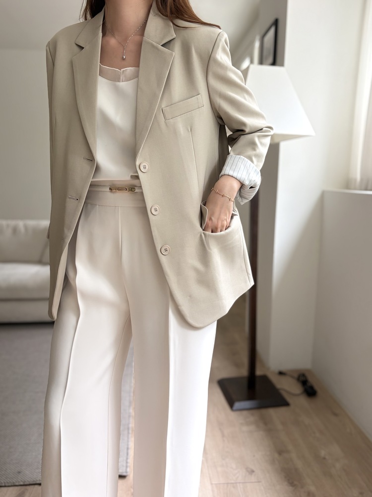 Margot Blazer with Striped Cuffs (Beige)
