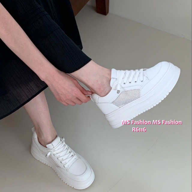 R6116 韓國🇰🇷真皮厚底拼網料sneakers