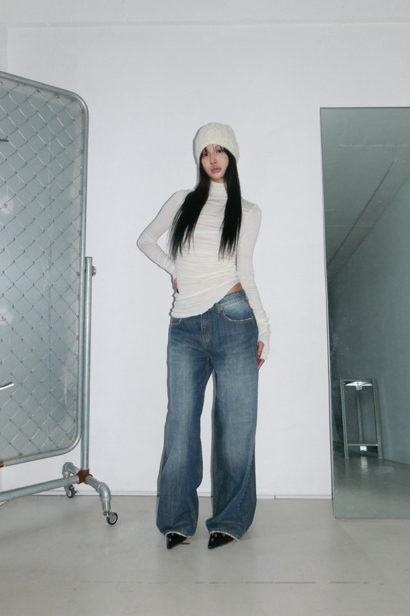 Ruched Asymmetrical Turtleneck Top