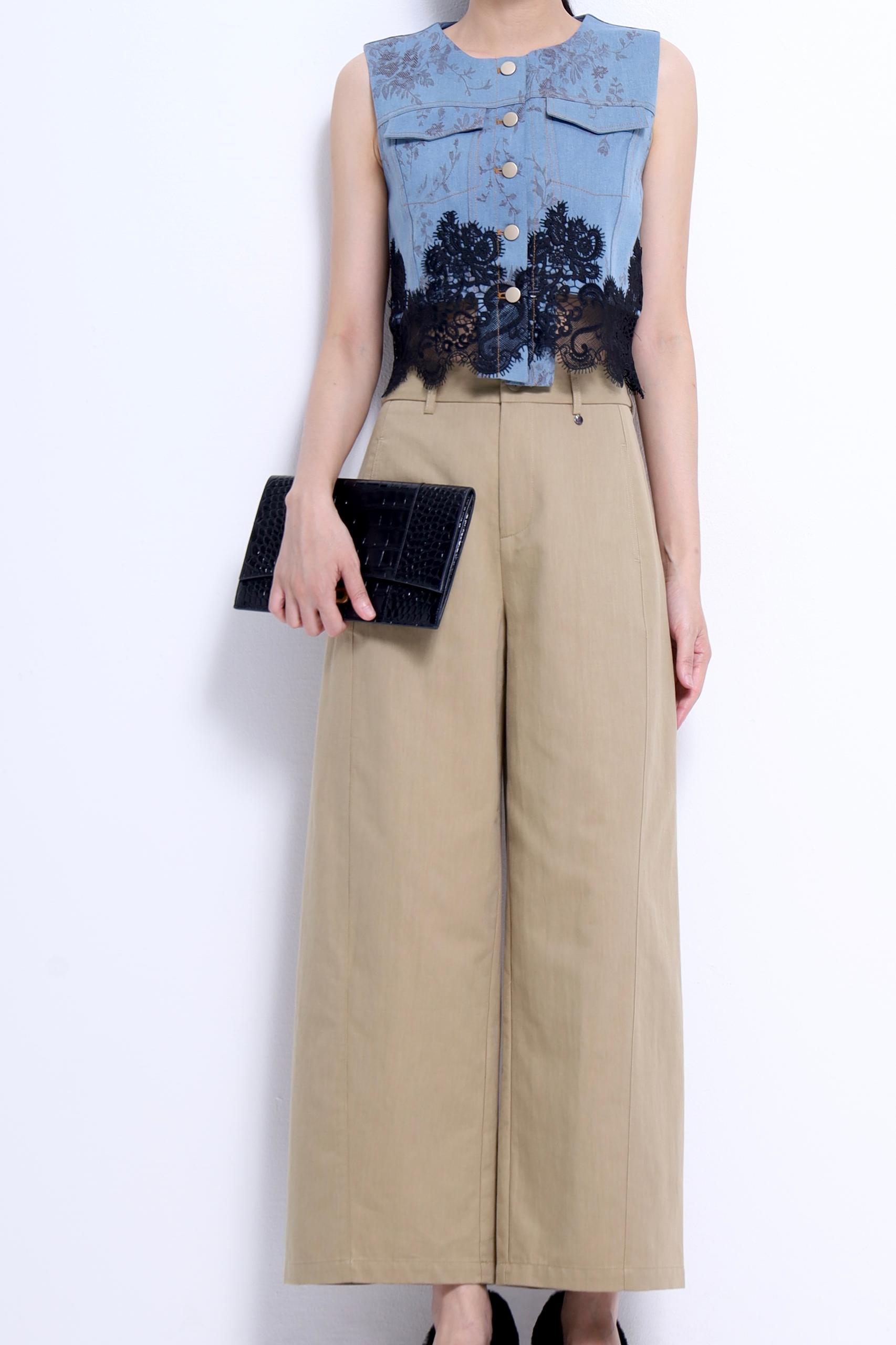 CB2786 DENIM PATTERN LACE PATCH CROP TOP