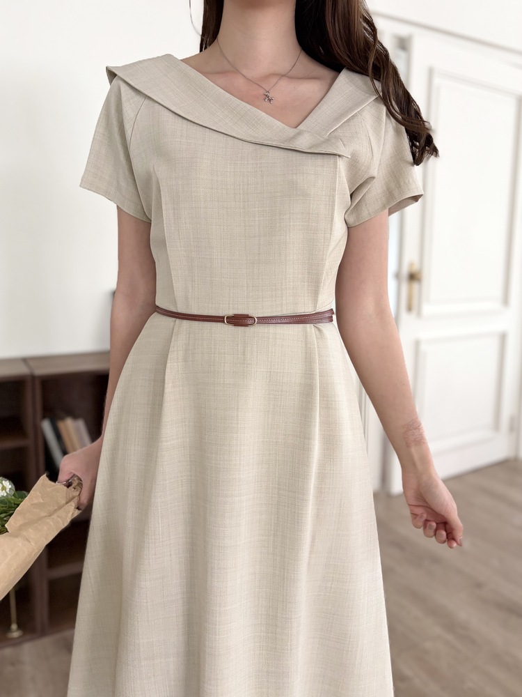 Sailor Collar Belted Dress (Beige)