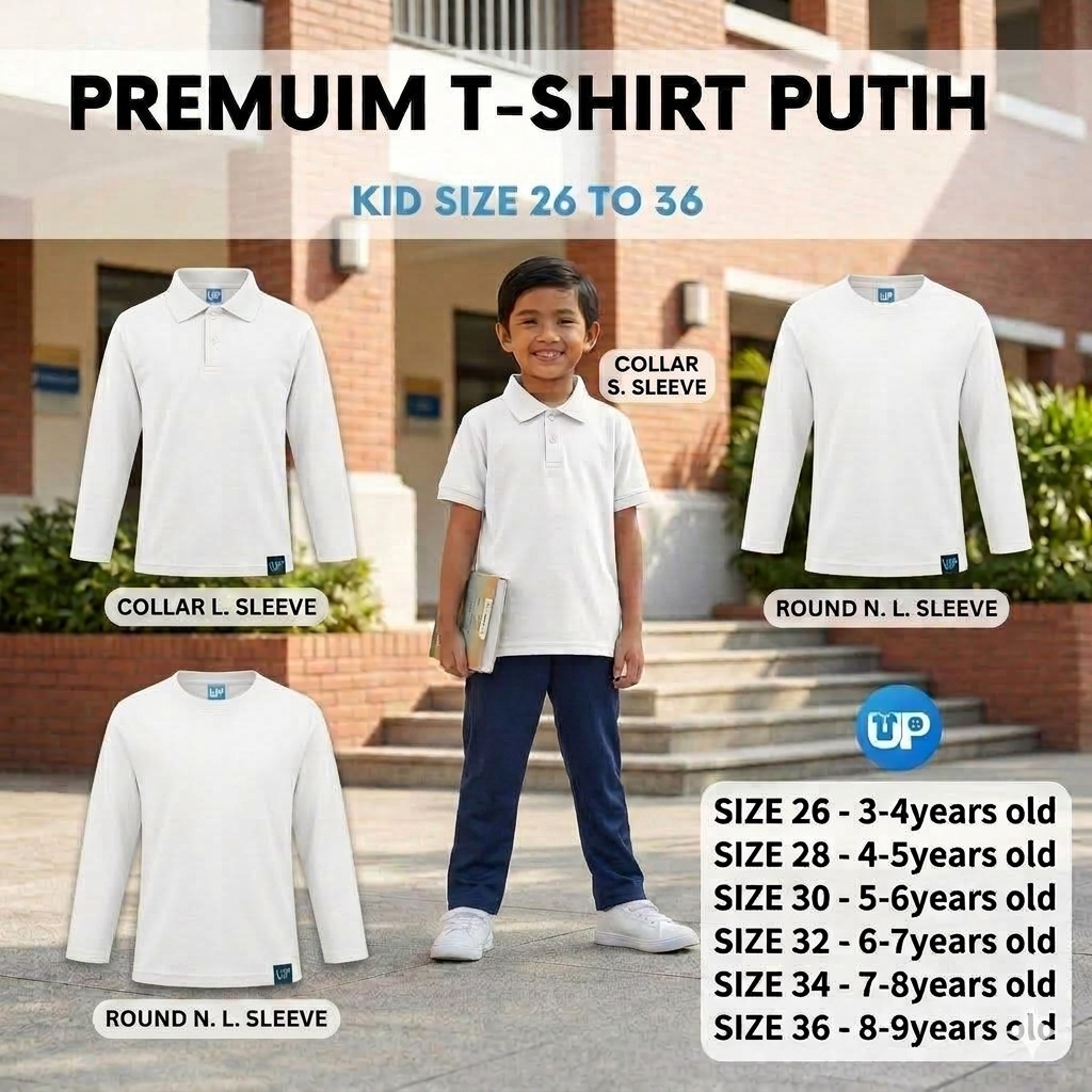 Sekolah Pra Tshirt Putih Kain Tebal Saiz Budak Uniform Pre School Baju Sukan Kanak-Kanak Tadika Sekolah White T-shirt