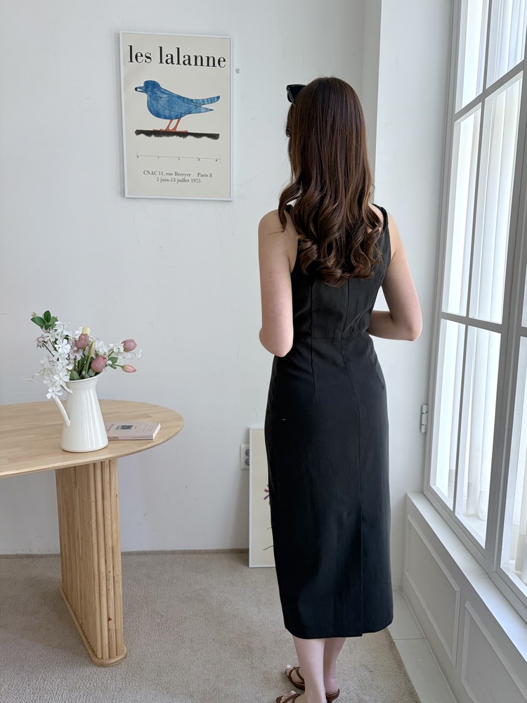 Linen Blend Twisted Strap Dress (Black)