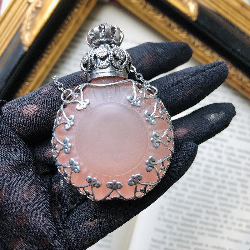 Vintage Recomposed Refined FIligree Design on Rosé Frosted Glass - Purse Perfume Glass Bottle Necklace(MT1696)