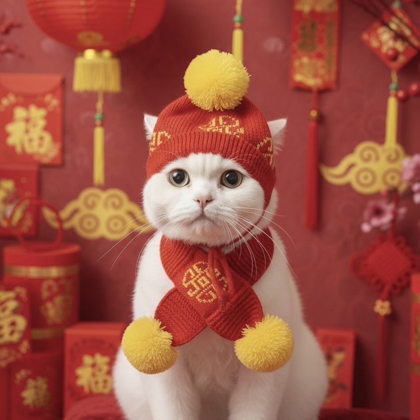 T911R 賀年冷頸巾 - 紅色配黃毛球 New Year cold scarf - red with yellow pom-poms