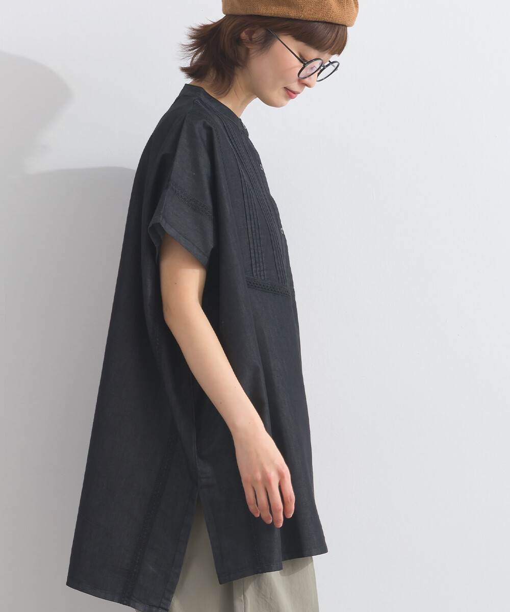 LP - 前片褶皺牛仔布襯衫 (黑色)