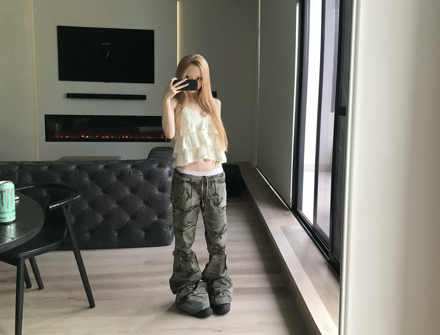 Camo Low-Rise Flare Cargo Pants