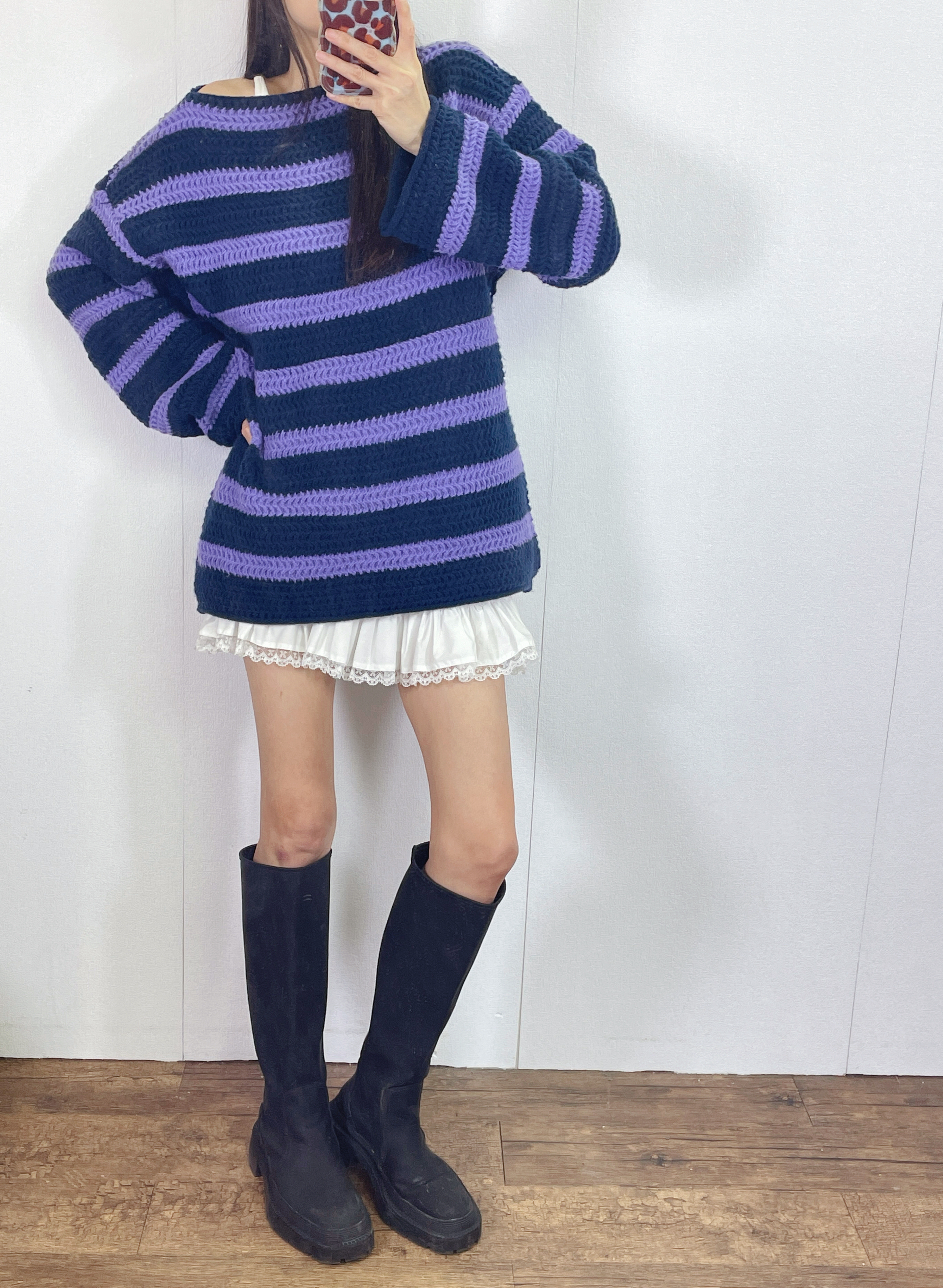 K5528 粗線橫間一字領長身身針織