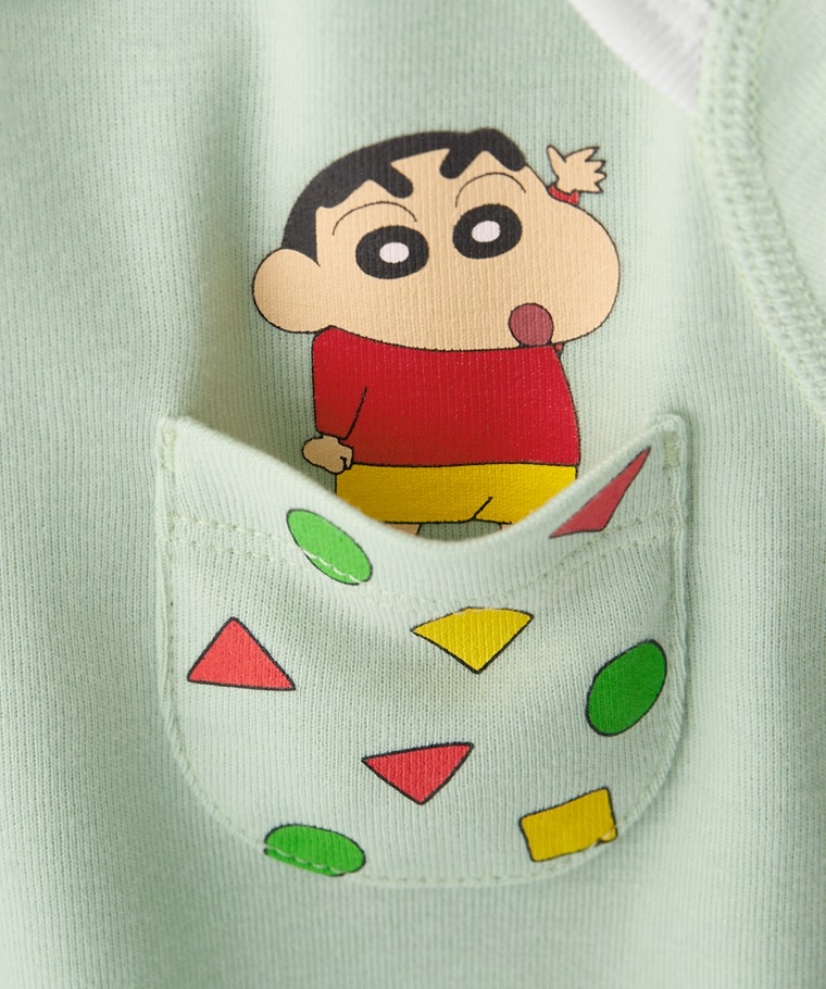 💚預訂 台灣直送💚三色蠟筆小新系列口袋印花純棉短袖包屁衣