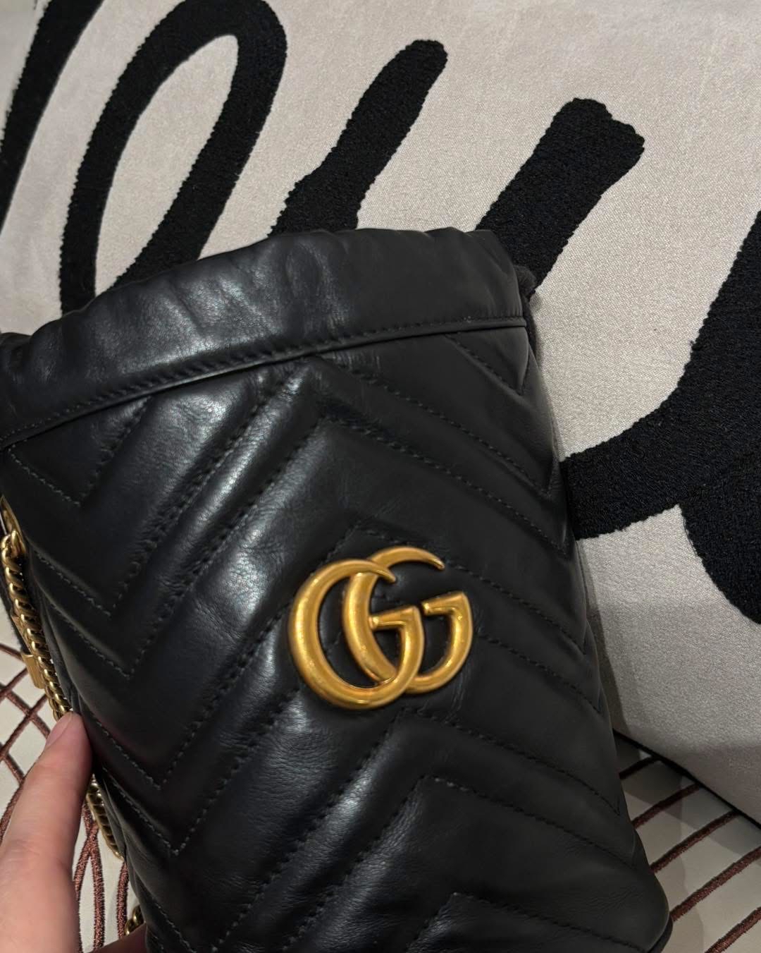 Gucci gg marmont bucket 黑色牛皮 100%Authentic ,95%New ✅Dust bag