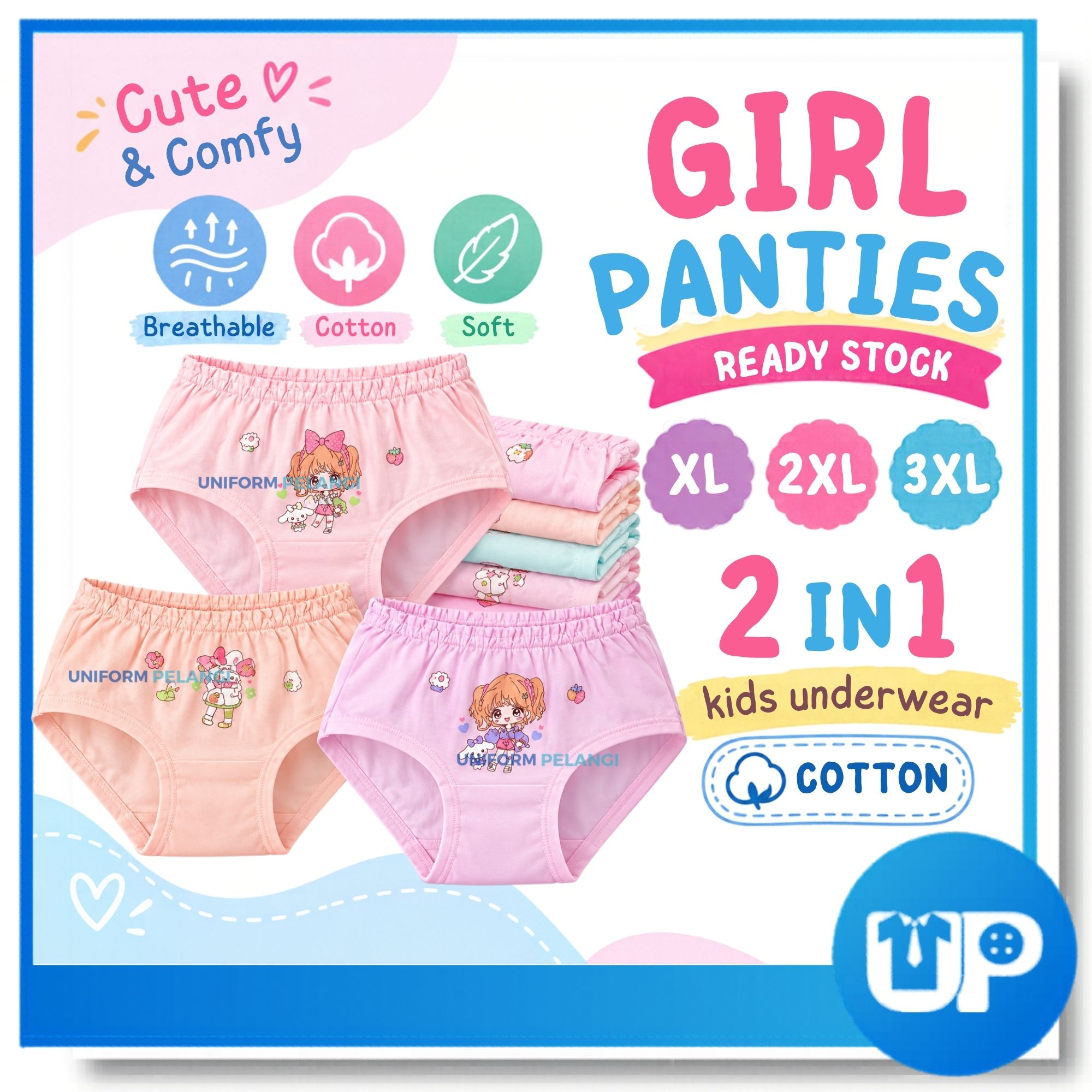 Girl Cartoon Panties 2in1 Set Cotton Random Mix Color Underwear Briefs Kids Seluar Dalam Kanak-Kanak