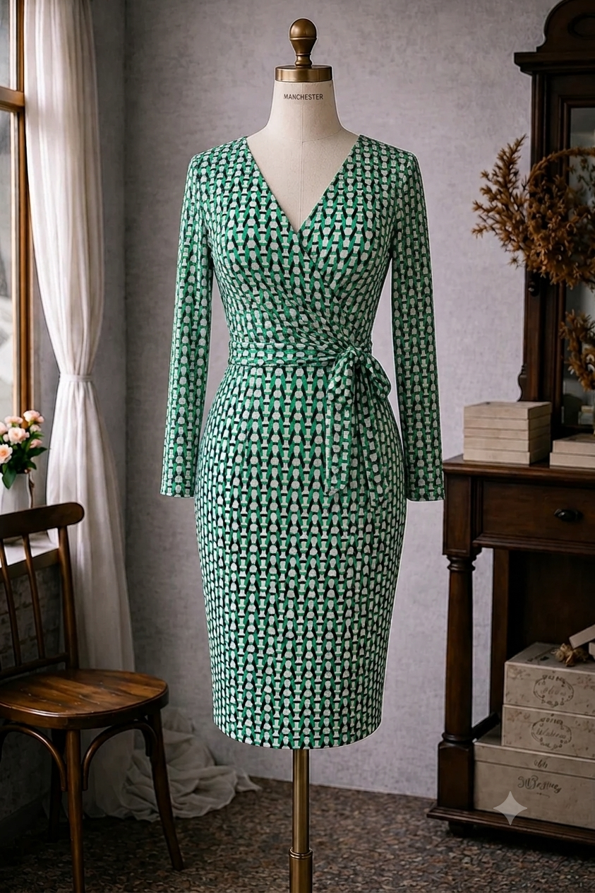 (Ready-Made-S)1970s Style Miss Suzie Chain Motif Half-Wrap Jersey Dress(FM208)