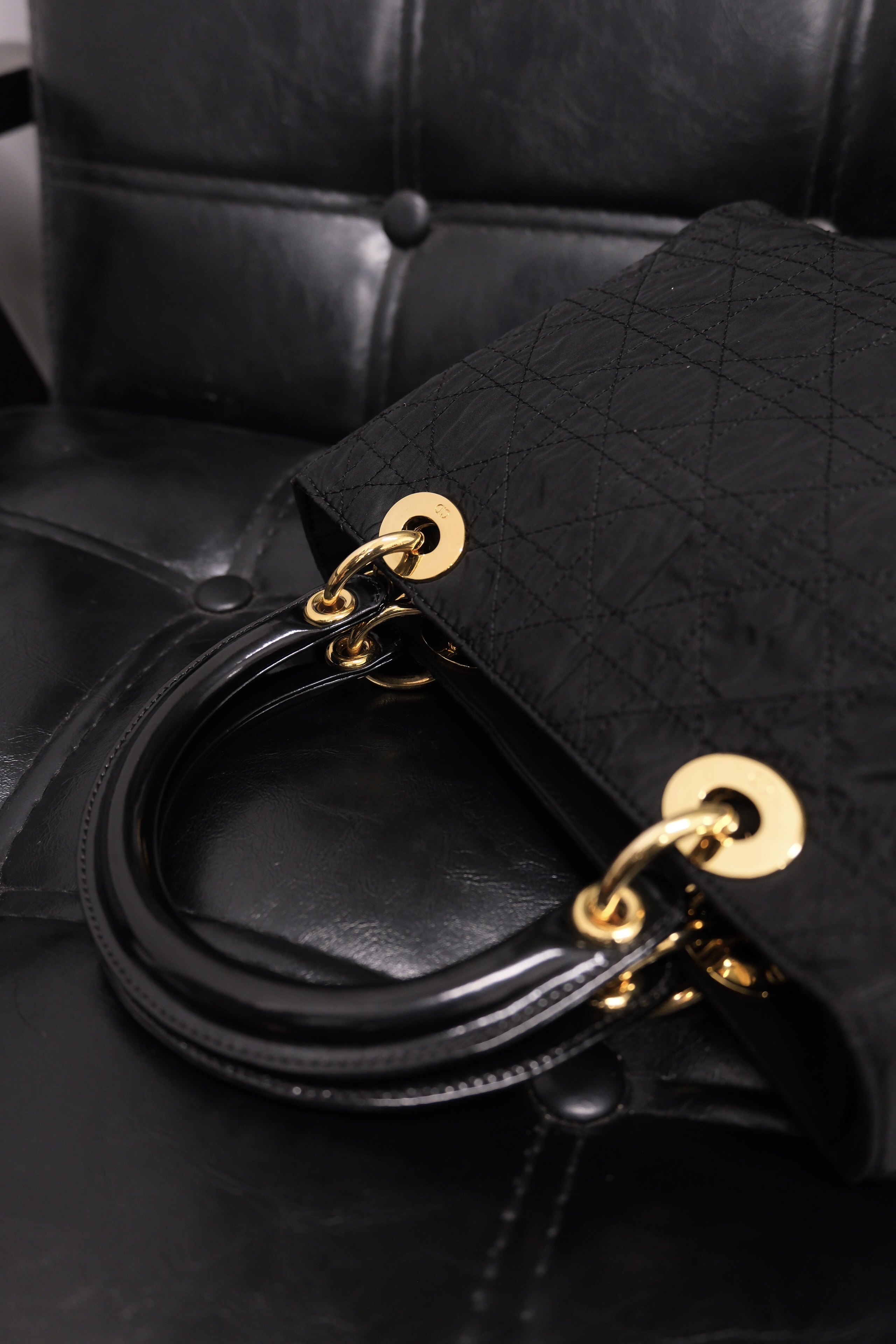 Dior Lady Dior Cannage Nylon Hand Bag Black Gold