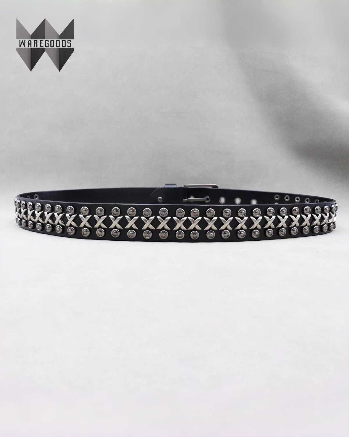 W011復古鍋釘二層牛皮皮帶