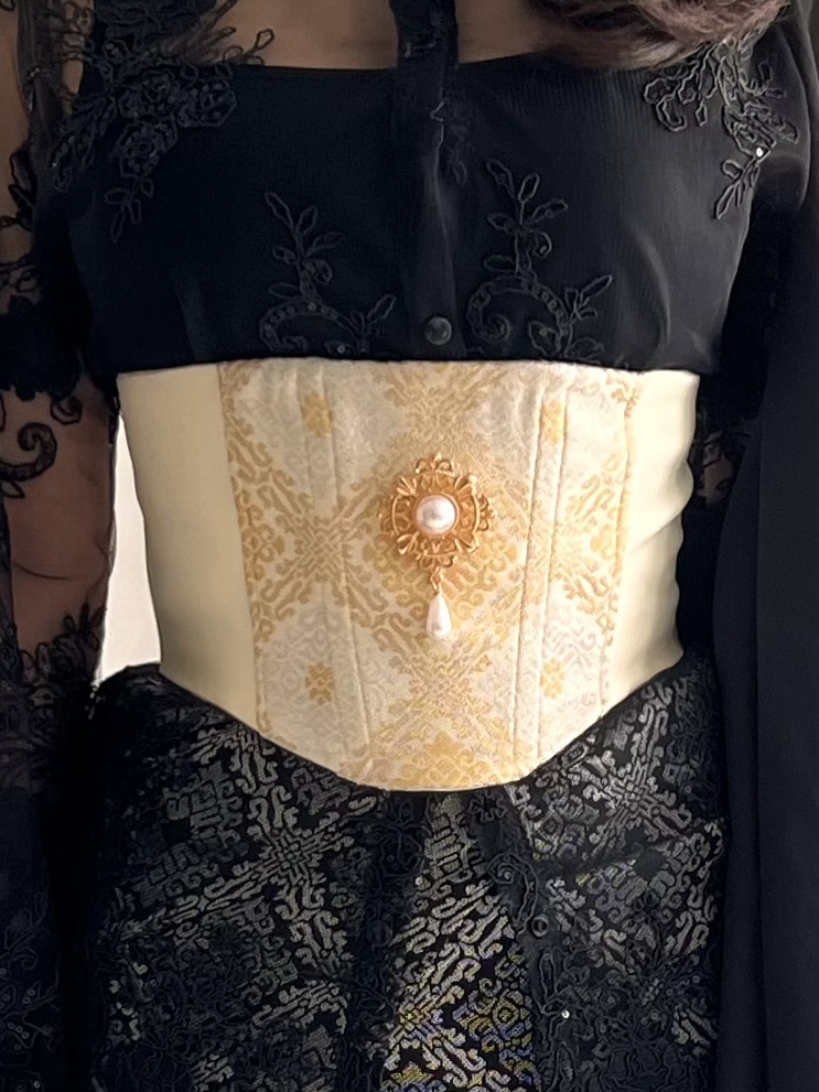 Songket Underbust Corset in Crème and Pareo Skirt in Black with Angel Blouse in Black