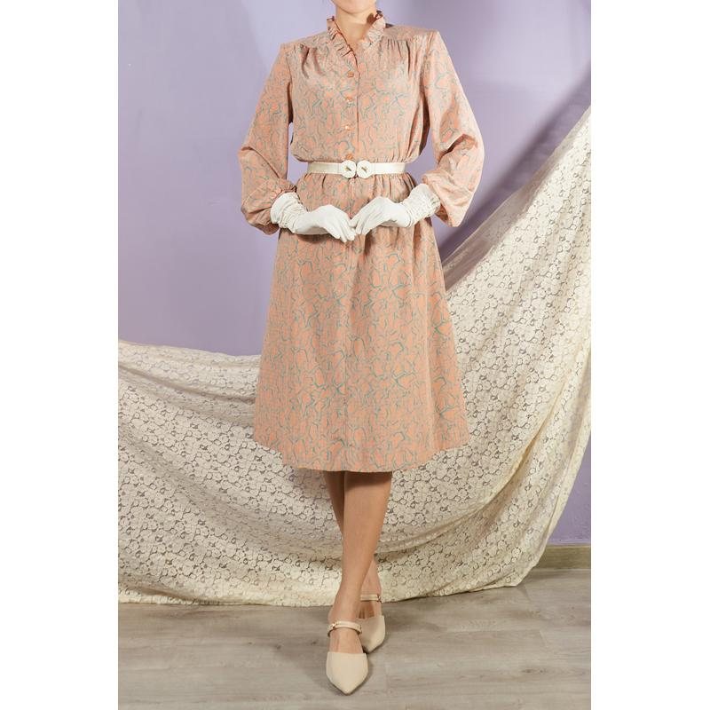 Vintage Japanese Irregular Pattern Ruffle Collar Nude Colour Day Dress / Long Sleeve Vintage Dress (MT1608-115)