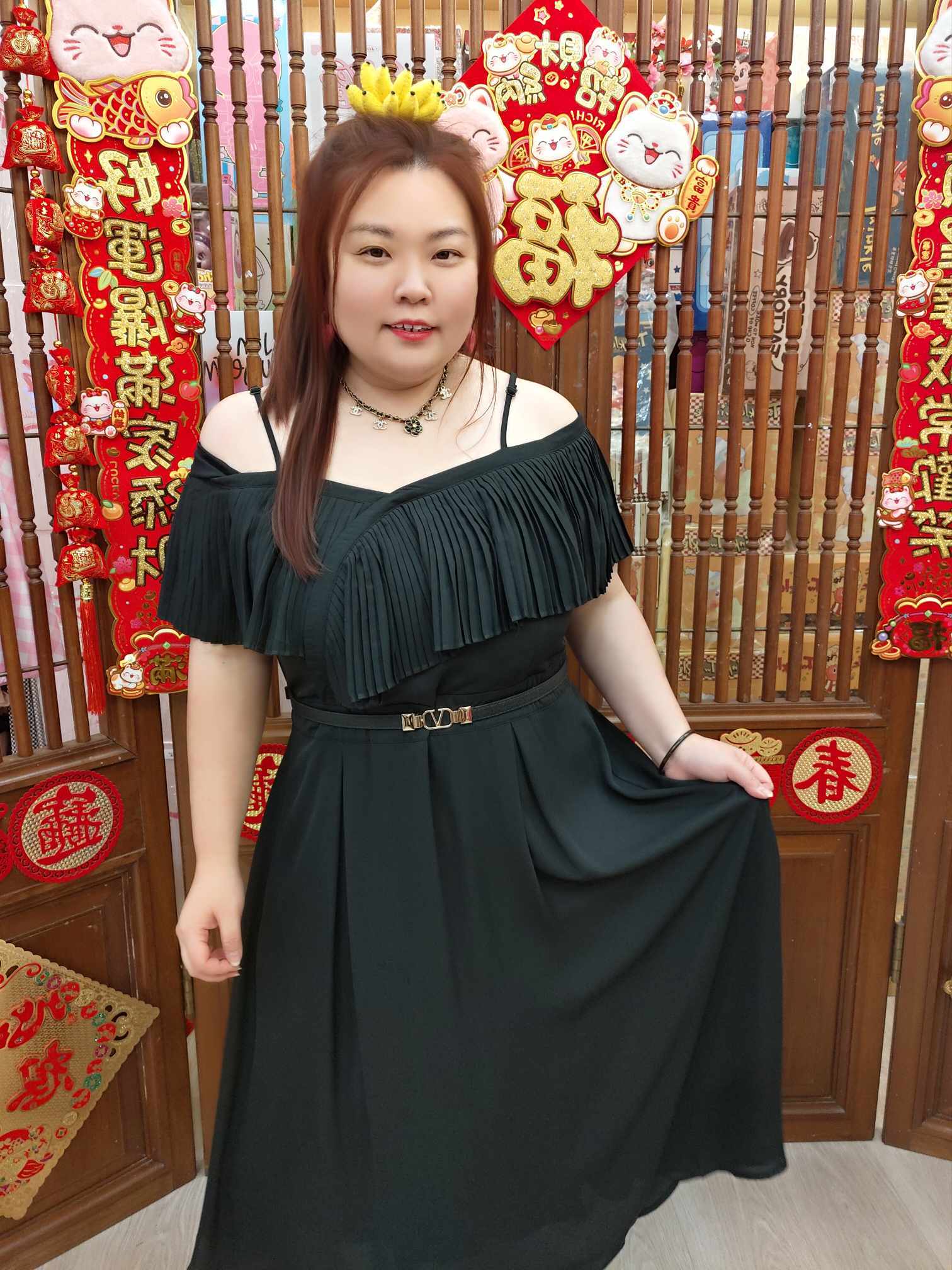 NBB13 JGN0015 露肩一字领吊带中长款连衣裙（平量120CM以内）