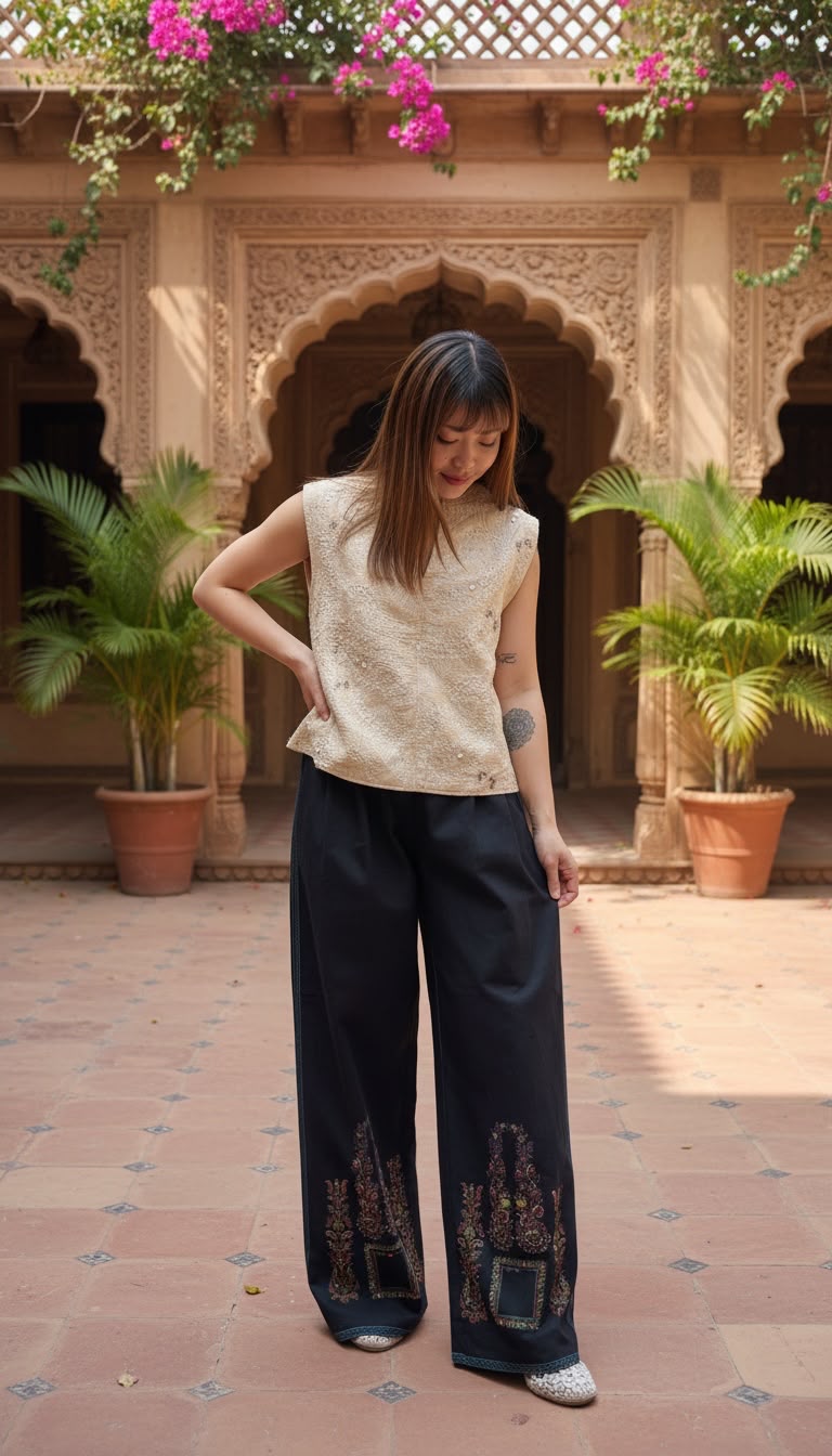 PKT 2628 Black Cotton With Full Emb Pants 