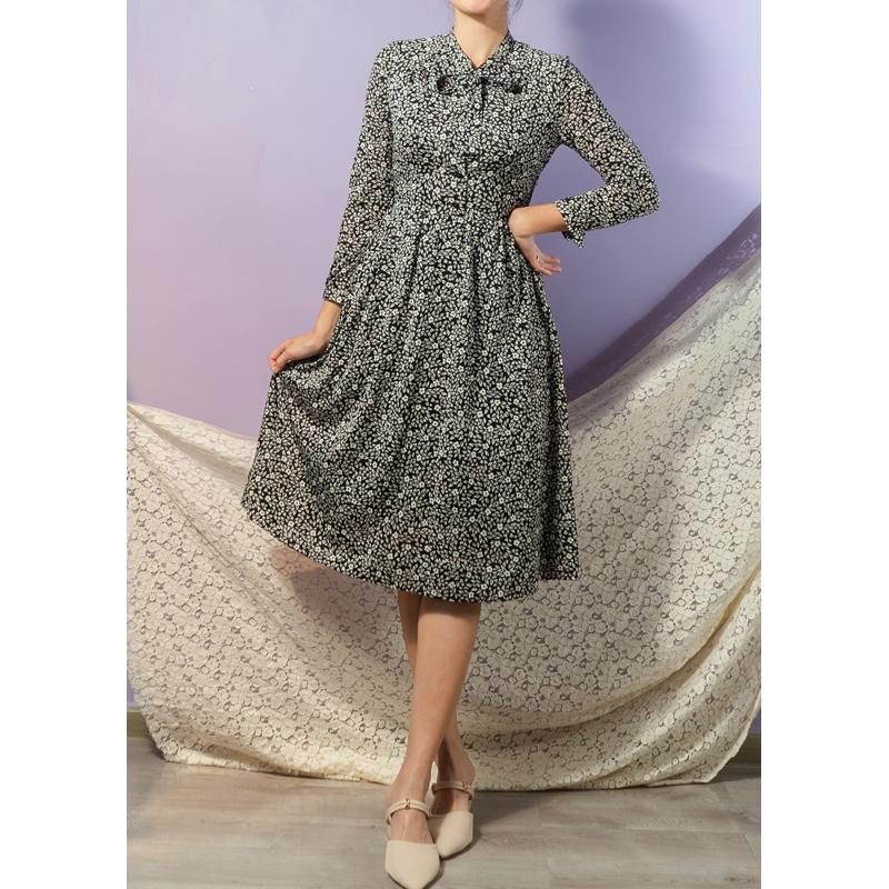 Vintage Japanese Timeless Black & White Floral Tie Collar Dress (MT1608-111)