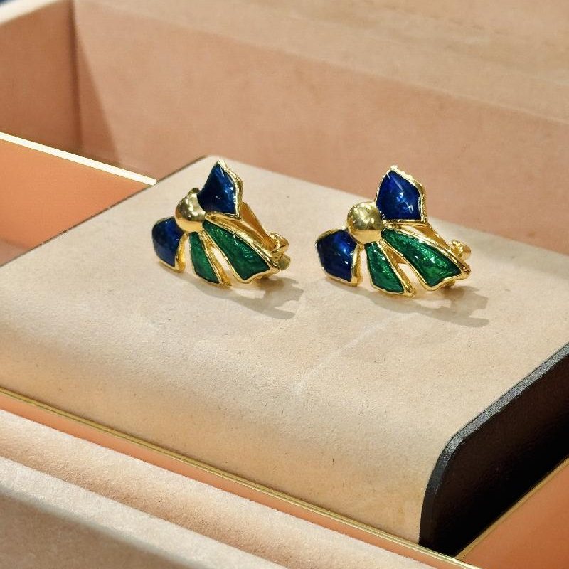 Vintage Enamel Blue and Green Ribbon Bow Clip Earrings from Germany (C042)