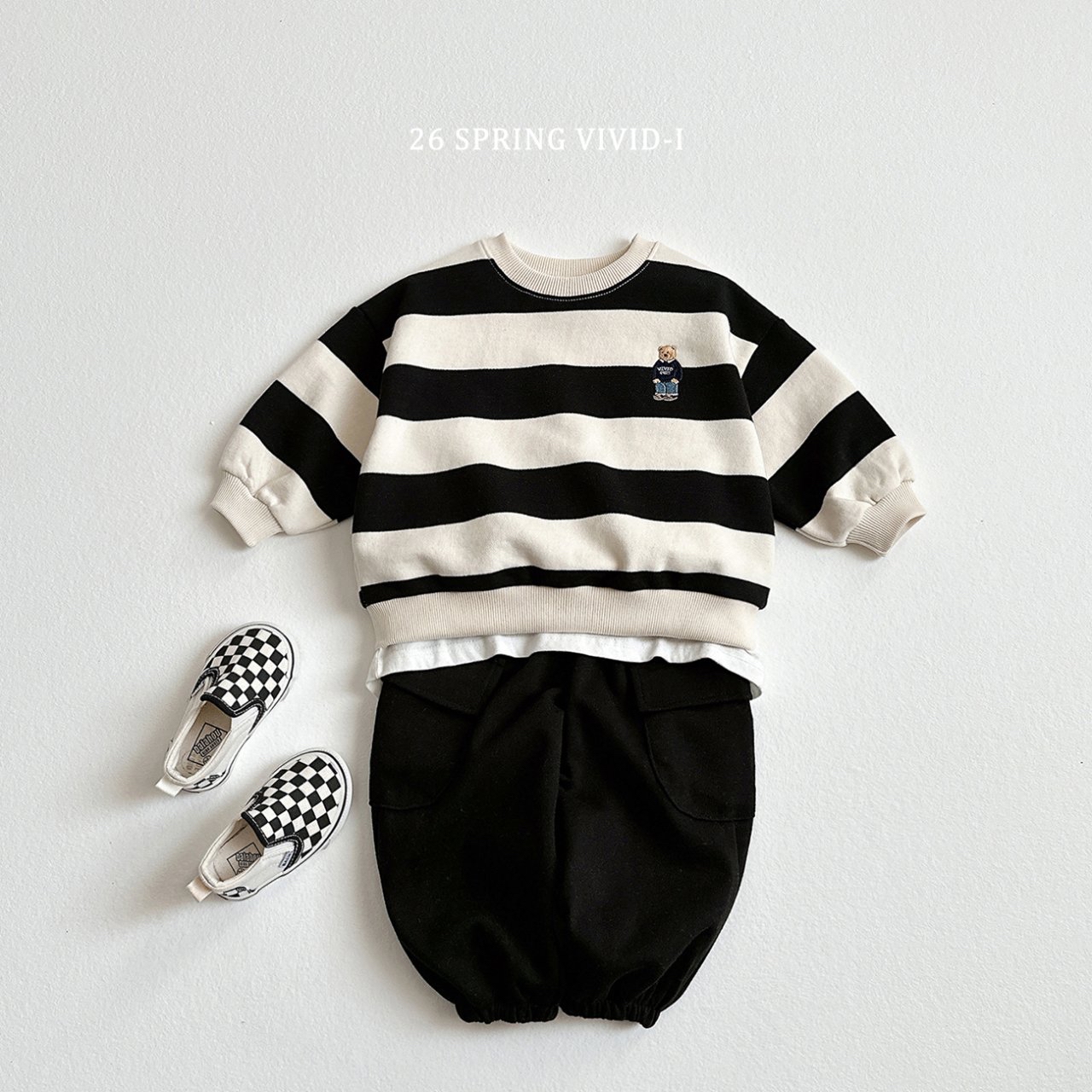 🌸預訂 韓國直送🌸🇰🇷VIVIDI四色標誌性小熊刺繡拼色條紋毛圈寬鬆衛衣