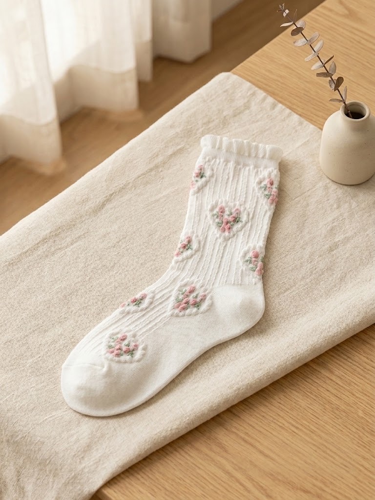 Korean Heart Rose High Crew Socks
