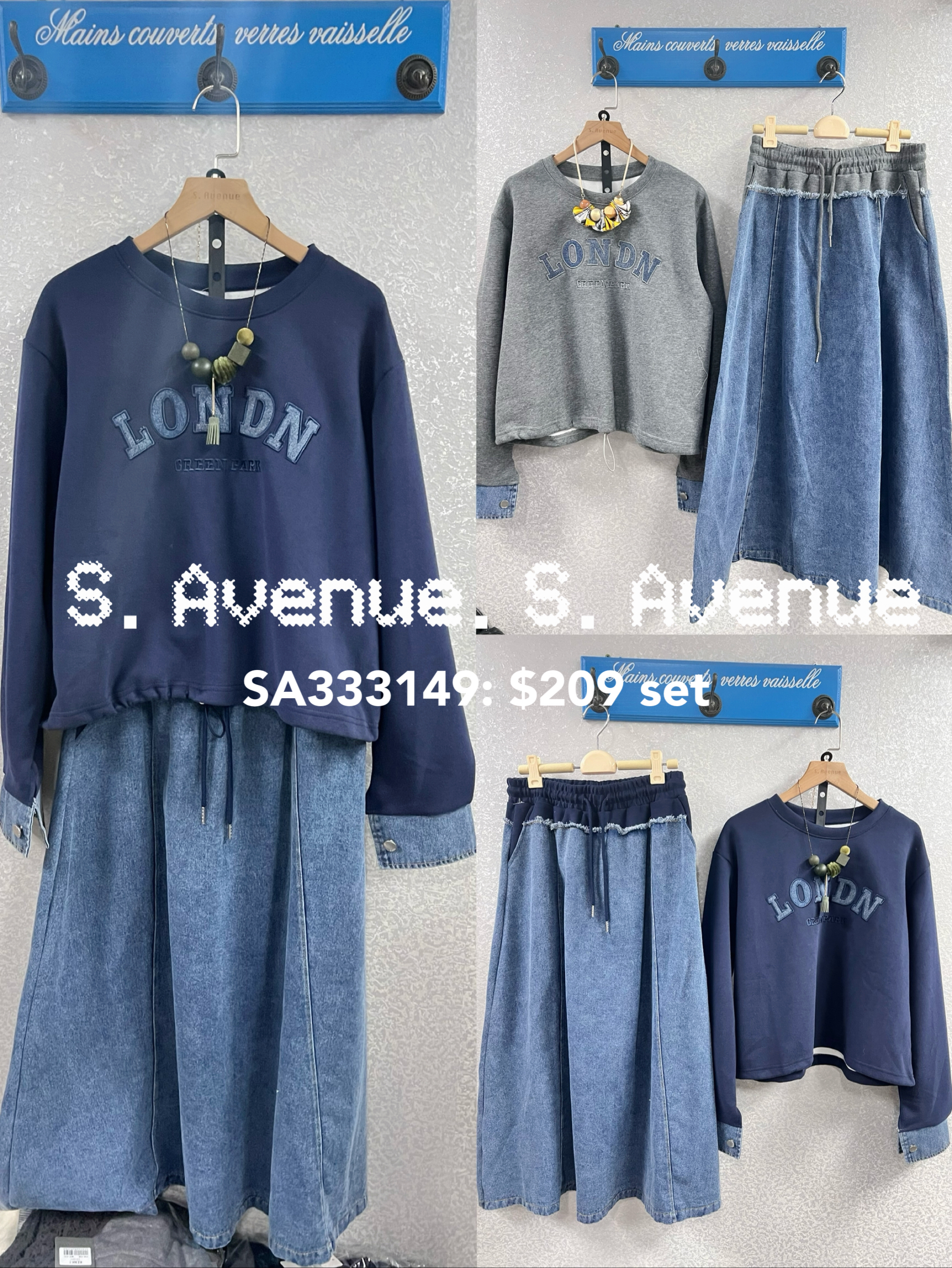 SA333149: 長袖英文字牛仔袖衛衣配牛仔A字半截裙