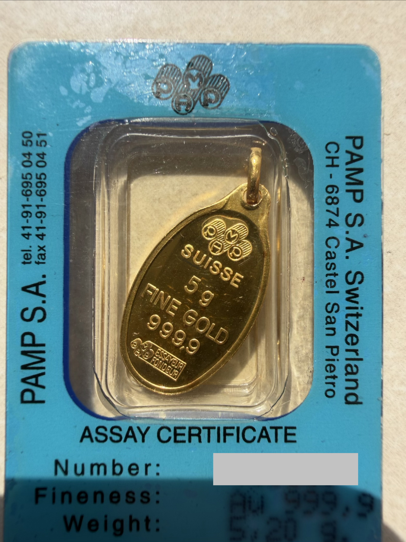 (SN431330) PAMP RARE 90’s Vintage 5.2g pendant🇨🇭Swiss Gold Bar Emas 999.9 财富女神吊坠