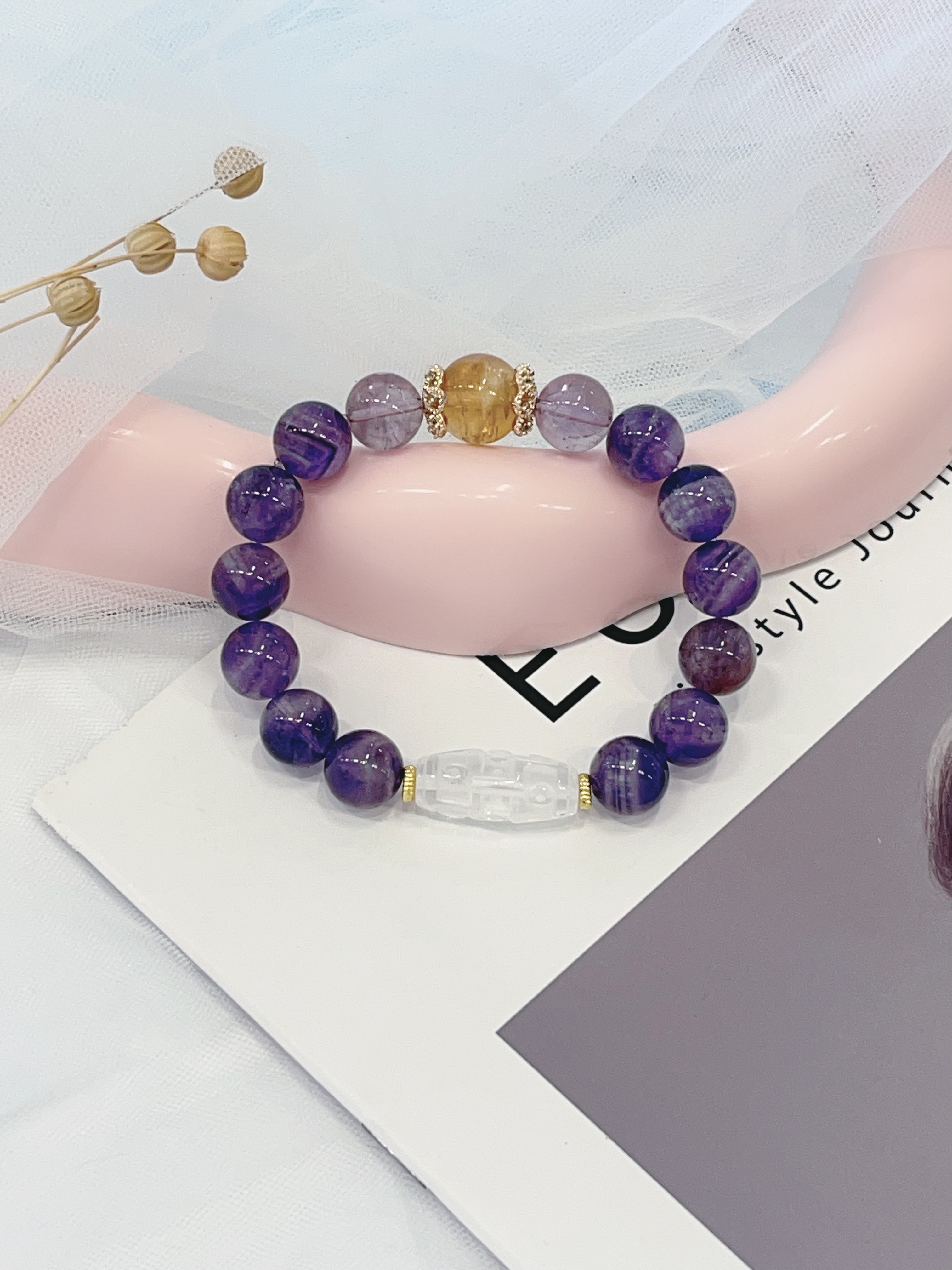 ✨ 黄塔晶 × 白水晶天竺 × 梦幻紫水晶 × 紫阿赛手串 Yellow Phantom Quartz & Clear Quartz Dzi & Dream Amethyst & Purple Azeztulite