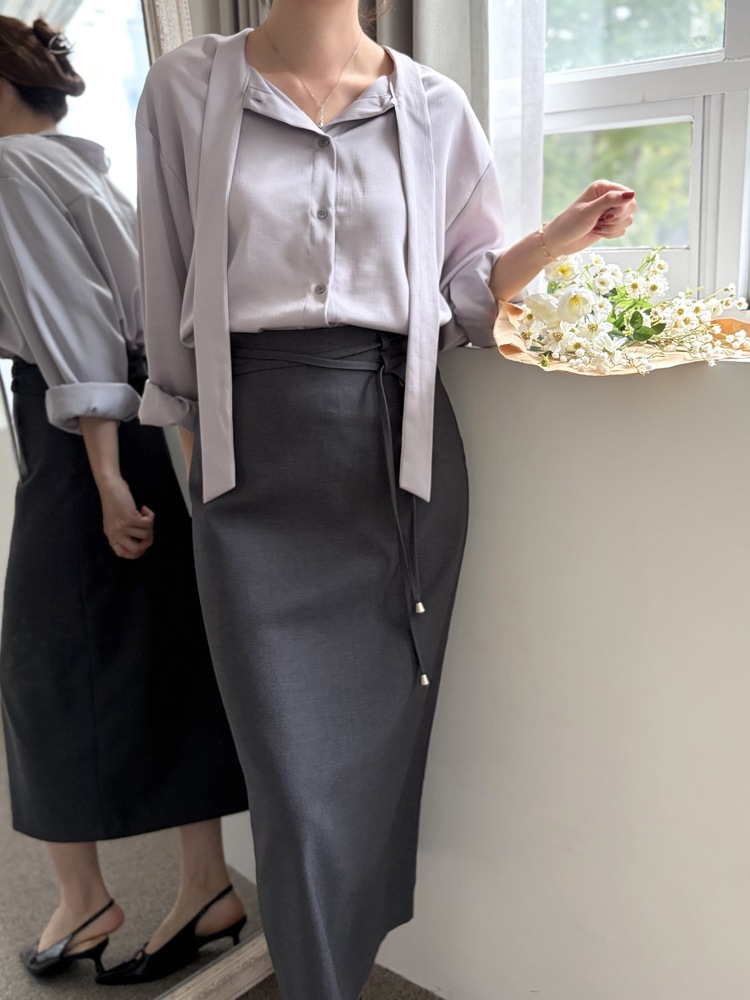 Two-way Tie Detail Blouse (Grey)