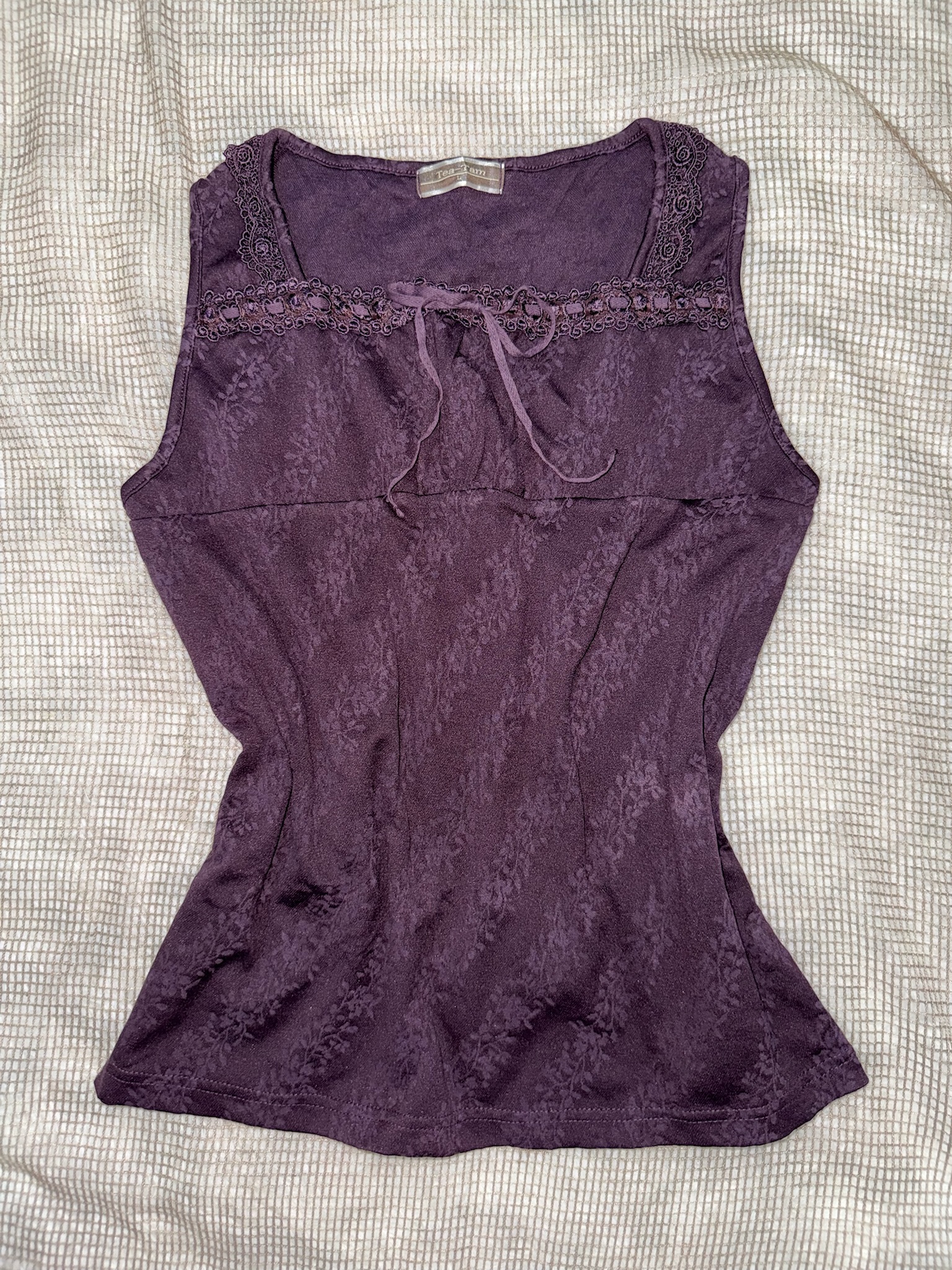 Plum Purple Jacquard Tank Top with Lace Trim