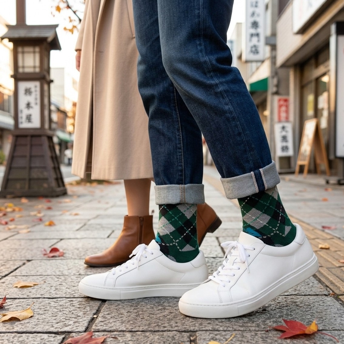 【日本製】經典菱格紋(Argyle check)隱藏貓貓抗菌防臭襪(男裝)